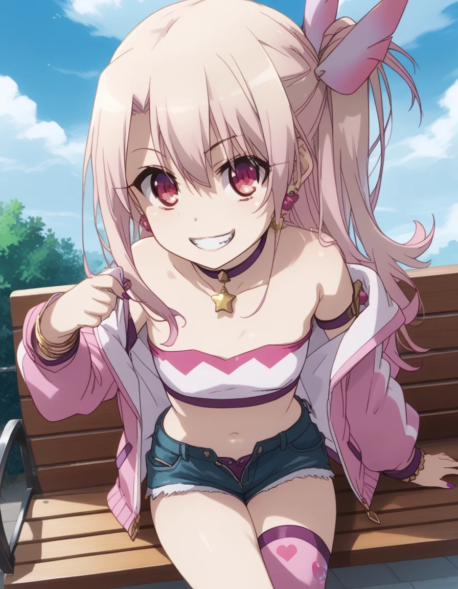 1girl,solo,smile,outdoor,midriff, pink tube top, open fly, beld, gyaru clothes, thighighs,bench, long_hair,pink_eyes,hair_between_eyes,white_hair,bangs,small_breasts, illya, young girl, li, (takeda hiromitsu), slender waist, nice hips, slut, pulling down hotpants, 