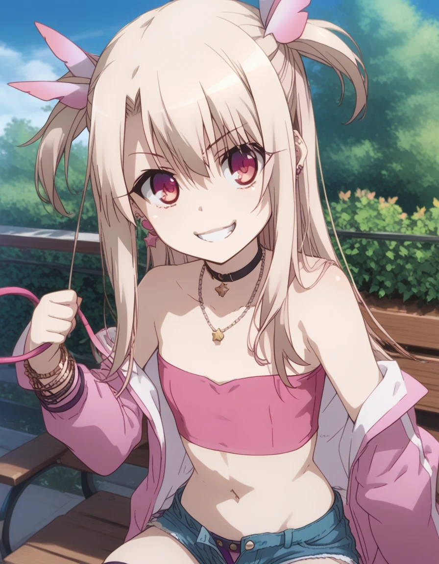 1girl,solo,smile,outdoor,midriff, pink tube top, open fly, beld, gyaru clothes, thighighs,bench, long_hair,pink_eyes,hair_between_eyes,white_hair,bangs,small_breasts, illya, young girl, loli, (takeda hiromitsu), slender waist, nice hips, slut, pulling down hotpants, 