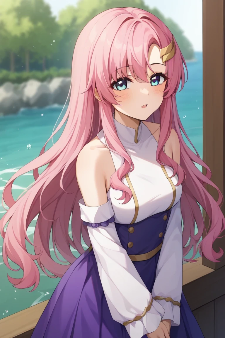 score 9、score 8 up、score 7 up、score 6 up、score 5 up、score 4 up、evaluation_i doubt it、anime coloring、source anime、masterpiece、 top quality、 high resolution、 digital illustration 、Pixiv、Fan Box、uncensored、 Official Art、1girl、Alone、lacus、 pink hair、 long hair、 straight hair、 wave hair ornament、gold hair ornament 、 Anime Screencap 、 white dress、 purple skirt、Separate sleeves、Bare shoulders、 viewers、 cowboy shot 、Female focus、 colorful 、Vivid 、