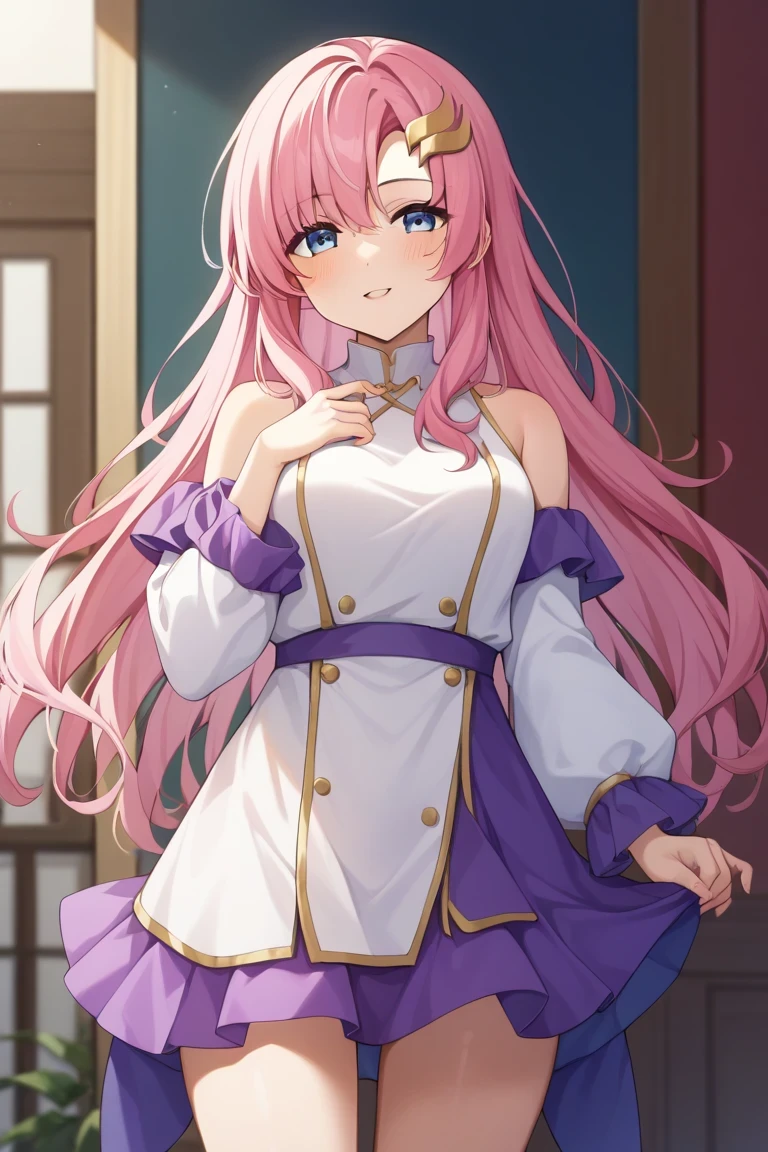 score 9、score 8 up、score 7 up、score 6 up、score 5 up、score 4 up、evaluation_i doubt it、anime coloring、source anime、masterpiece、 top quality、 high resolution、 digital illustration 、Pixiv、Fan Box、uncensored、 Official Art、1girl、Alone、lacus、 pink hair、 long hair、 straight hair、 wave hair ornament、gold hair ornament 、 Anime Screencap 、 white dress、 purple skirt、Separate sleeves、Bare shoulders、 viewers、 cowboy shot 、Female focus、 colorful 、Vivid 、