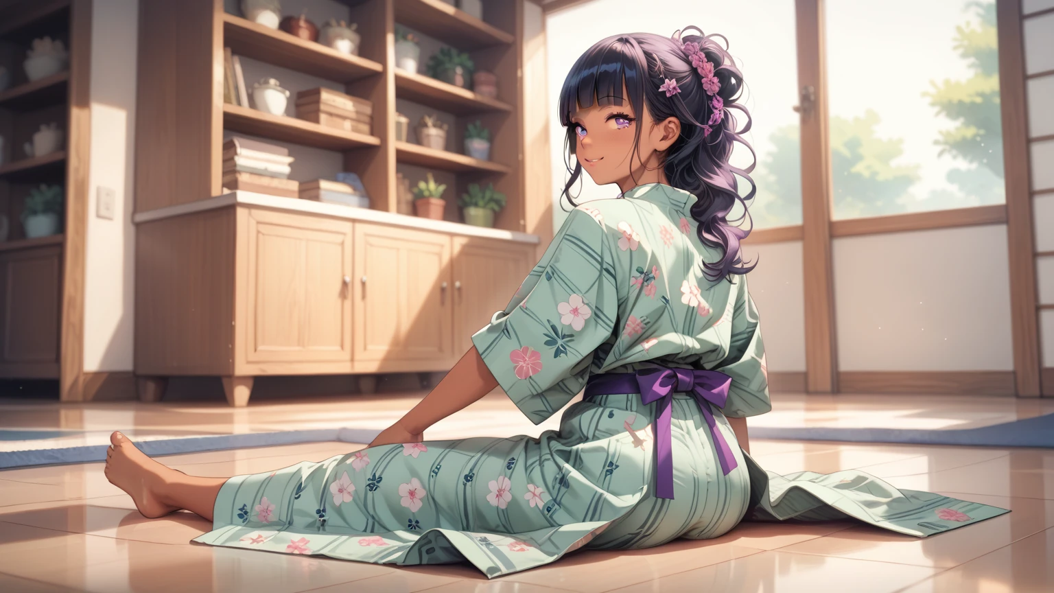 rating_safe, score_9, score_8_up, score_7_up, source_anime, masterpiece, best quality, solo, 1girl, wondering face,blunt bangs, firm breasts(she is wearing pastel green yukata ,pastel purple pantie, tan) ( she is sitting on the floor, look back, rear view) ,see but and hip best quality, high definition, anatomically correct, Very detailed, Ultra High Definition, textured skin, Sharp details,