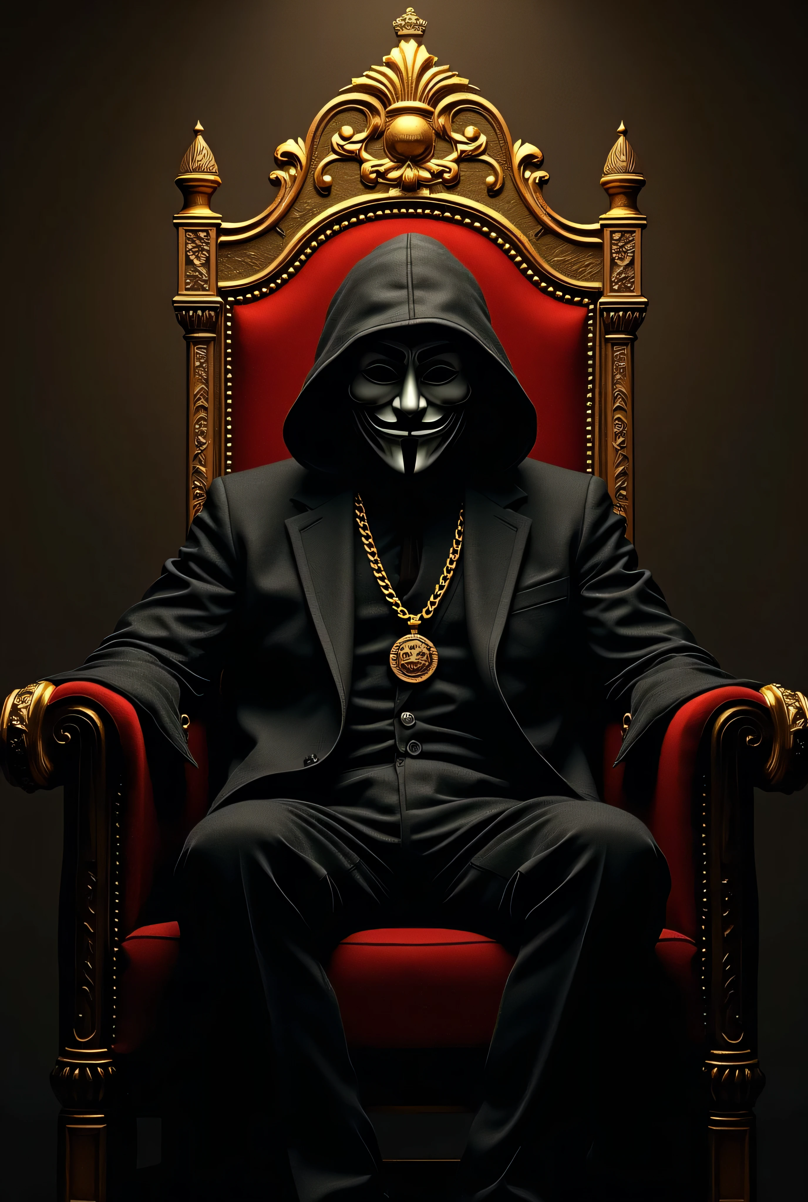 character with the anonymous mask sitting on a throne wearing a crown on his head his clothes are a suit and the golden throne the golden crown