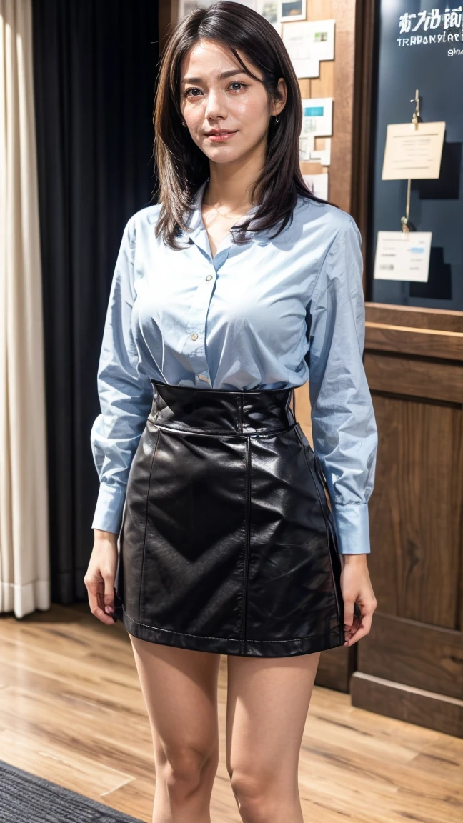 ((Best image quality、8k、masterpiece:1.3))、Realistic high-quality photos、Highest quality、Beautiful and elegant face and eyes、Black Hair、Shiny Hair、 OL、Wearing a short-sleeved blouse、Wear a long skirt、Full Body Shot.