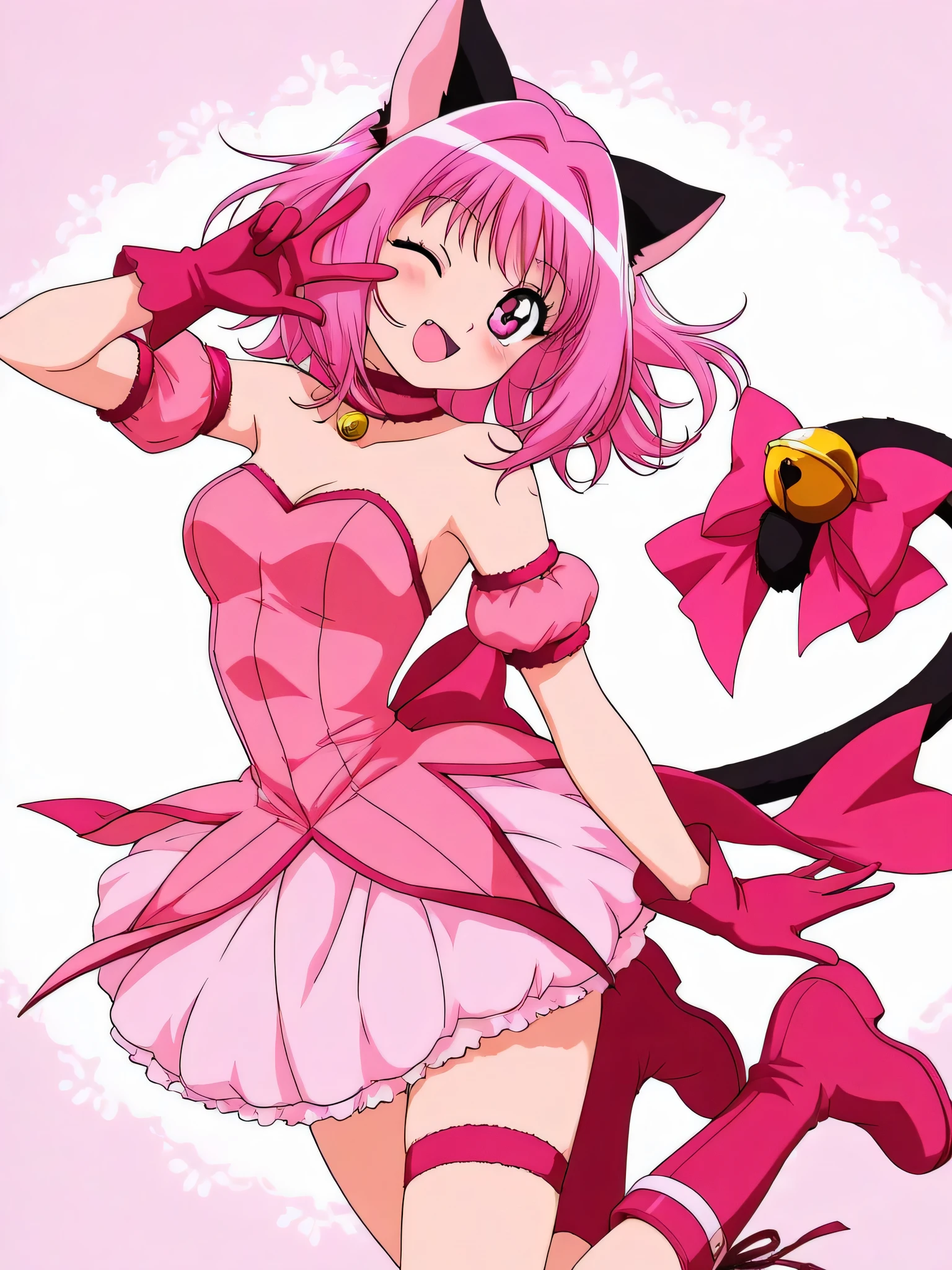 1girl ,animal ears ,bare shoulders ,bell ,blush ,boots ,bow ,breasts ,cat ears ,cat girl ,cat tail ,choker ,detached sleeves ,dress ,fang ,gloves ,medium breasts ,looking at viewer ,magical girl ,medium hair ,open mouth ,pink bow ,pink choker ,pink dress ,pink eyes ,pink footwear ,pink gloves ,pink hair ,pink sleeves ,pink theme ,puffy detached sleeves ,puffy sleeves ,smile ,sidelocks ,solo ,tail ,tail bell ,tail bow ,tail ornament ,thigh strap ,thighs ,hand up ,cowboy shot ,happy ,head tilt ,one eye closed ,v ,v over eye ,masterpiece, best quality, ultra detailed ,