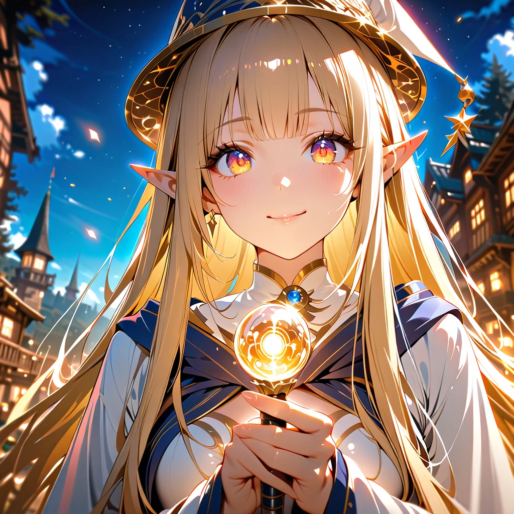  One Girl , (Beautiful Elf, Dark fantasy),  The Great Wizard, wearing  elegant  magic robe,  Detailed Beautiful Face , ( Precisely Drawn Beautiful Eyes ), smile, (long straight hair,  Shiny blonde  , bangs),  magic hat,  Holding a Magic Wand , break,  elegant , nice,  gentle face , break, (カウボーイが撃った,  focus on face ),  deep depth of field , Wonderful,  charming, enchanting,  cinematic lighting,  cinematic composition,  anime style,  bright color, Fine Lines, dreamlike, absurdres,  high resolution, masterpiece,  top quality, up to date,  VERY ESTHETIC ,  super high quality ,   high detail,  anatomically correct, perfect hand,