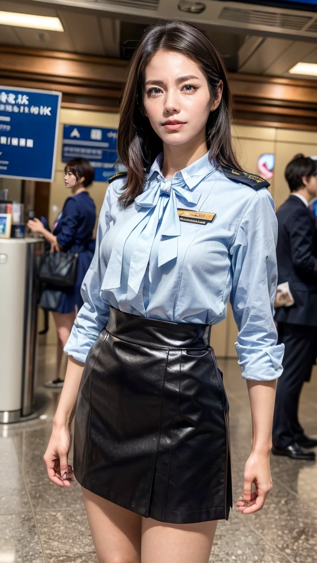 A beautiful, 24-year-old Japanese woman with perfect anatomy, healthy thighs, beautiful legs, beautiful skin, random hair color and style, large breasts, (wearing a flight attendant uniform with a mini-skirt:1.3), (she is standing:1.2), full body shot, pumps, carrying a suitcase, at the airport, (best quality,4k,8k,highres,masterpiece:1.3),(extremely detailed:1.2),realistic,photorealistic,photo-realistic:1.37,professional,vivid colors, studio lighting, matsushitanao