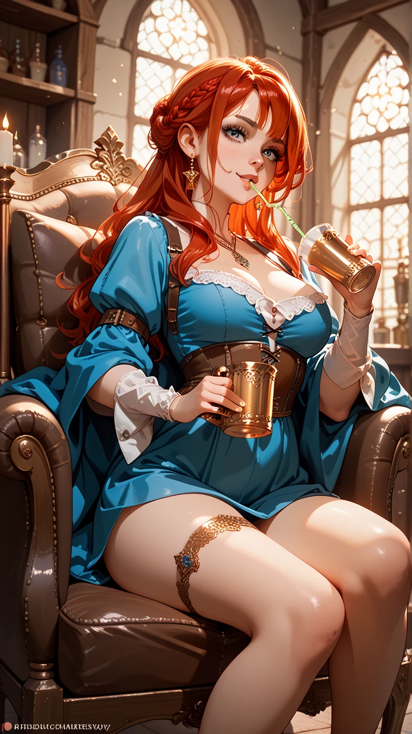 (masterpiece), nsfw,
1girl, solo, 
huge breasts, huge ass, thick thighs, wide hips, 
white t-shirt, collar, thighhighs, black thighhighs, black panties, 
orange hair, blue hair, medium hair, orange eyes, multicolored eyes, 
indoors, castle, dungeon, alchemist room, magic, potion stands,