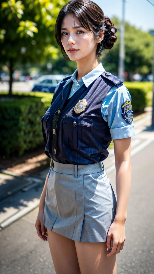 beautiful Japanese woman, 22 years old, perfect anatomy, healthy thighs, beautiful legs, beautiful skin, random hair color, random hairstyle, large breasts, female police officer, (Japanese police uniform:1.3), (miniskirt:1.3), (she is standing:1.2), full body shot, high heels, city street, (best quality, 4k, 8k, highres, masterpiece:1.3), (extremely detailed:1.2), matsushitanao