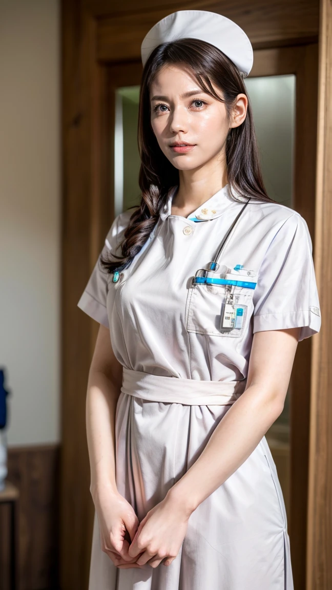 a beautiful young 24-year-old Japanese woman, beautiful, detailed anatomy, beautiful skin, random hair color and hairstyle, big breasts, nurse hat, (nurse uniform:1.3), nurse cap, (she is standing:1.2), full body shot, high heels, hospital, (best quality,8k, masterpiece:1.3), (extremely detailed:1.2), matsushitanao