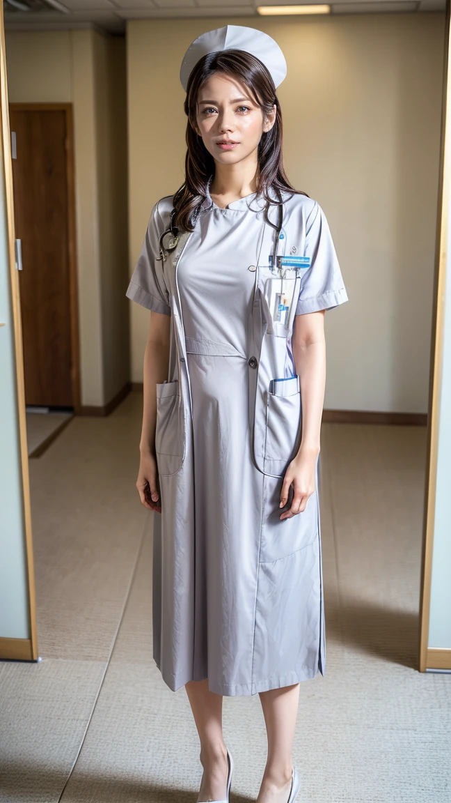 a beautiful young 24-year-old Japanese woman, beautiful, detailed anatomy, beautiful skin, random hair color and hairstyle, big breasts, nurse hat, (nurse uniform:1.3), nurse cap, (she is standing:1.2), full body shot, high heels, hospital, (best quality,8k, masterpiece:1.3), (extremely detailed:1.2), matsushitanao