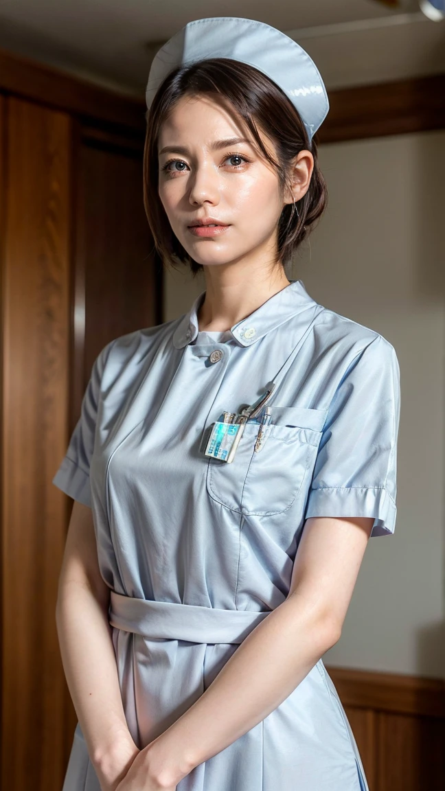 a beautiful young 24-year-old Japanese woman, beautiful, detailed anatomy, beautiful skin, random hair color and hairstyle, big breasts, nurse hat, (nurse uniform:1.3), nurse cap, (she is standing:1.2), full body shot, high heels, hospital, (best quality,8k, masterpiece:1.3), (extremely detailed:1.2), matsushitanao