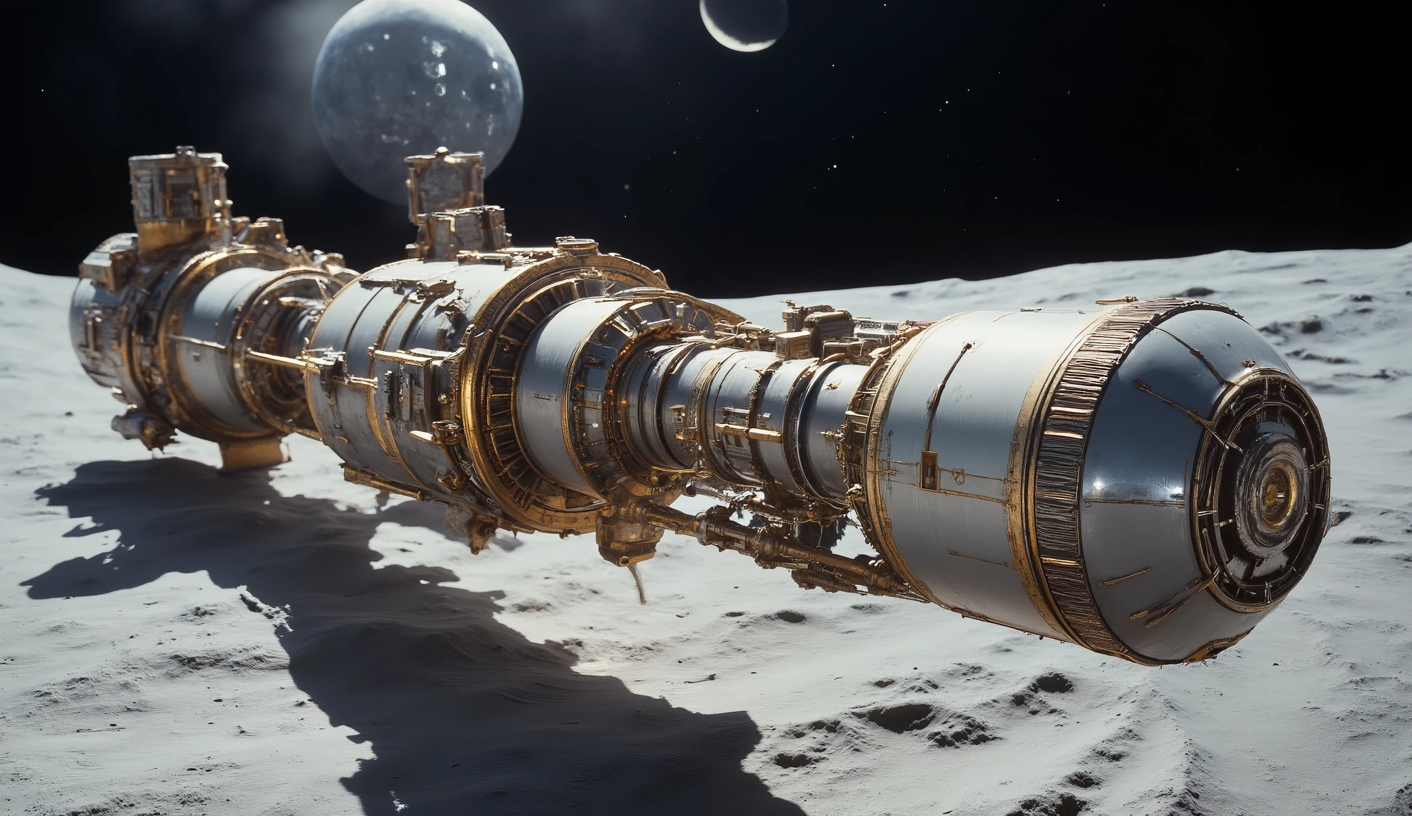 A large, intricate space station orbits the moon. The station, metallic gray and gold, features numerous interconnected cylindrical and boxy modules. Complex golden support structures connect the modules. The station is depicted against a backdrop of a dark, star-dusted space. A prominent crescent moon and a visible Earth are shown in the distance. The surface of the moon displays craters and a light gray, dusty texture. Realistic lighting and shadows suggest a sunrise or sunset. The perspective is from a long shot, showing the space station in mid-orbit. Scientific realism style, photorealistic. Detailed depiction of lunar terrain, space station design elements, and cosmic background. Space Exploration. Science Fiction, 3D rendering.