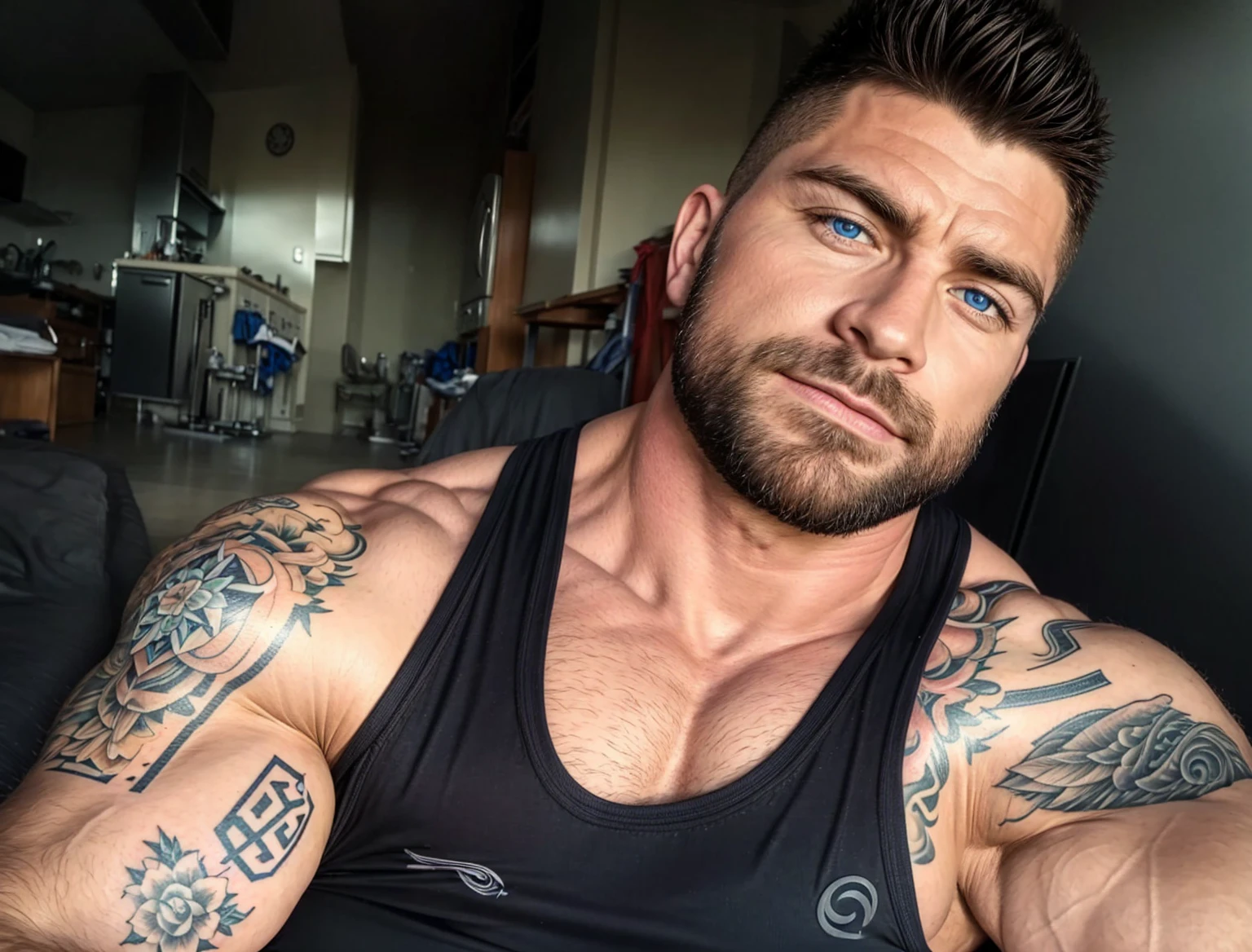 (masterpiece, intricately detailed, highest resolution, best quality:1.2), (doujin), a Cocky Bruce Wayne instagram influencer, a 36 y.o muscle dom with a muscular physique sitting on a chair with blue eyes,ntattoo, ((neckline_tattoo)), dark-skinned male, clean shaven, wearing a ((open jacket, big chains, chav, armbands)), ((excessive cum)) ((cum on body)) (cum drip), flaccid penis,saggy balls,hairy chest,vascular,muscle striations,soft light,fantastic realism, colth, hdsrmr
