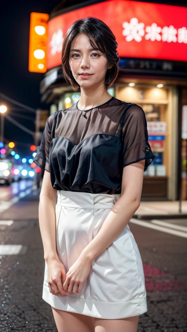 a beautiful young Japanese woman, 24 years old, with healthy thighs, beautiful legs, flawless skin, random hair color and hairstyle, large breasts, a hostess wearing a hostess dress, high heels, (she is standing:1.2), full body shot, holding a purse in one hand, on a busy city street at night, (best quality,4k,8k,highres,masterpiece:1.3),(extremely detailed:1.2),detailed anatomy,photorealistic,vibrant colors, dramatic lighting, matsushitanao