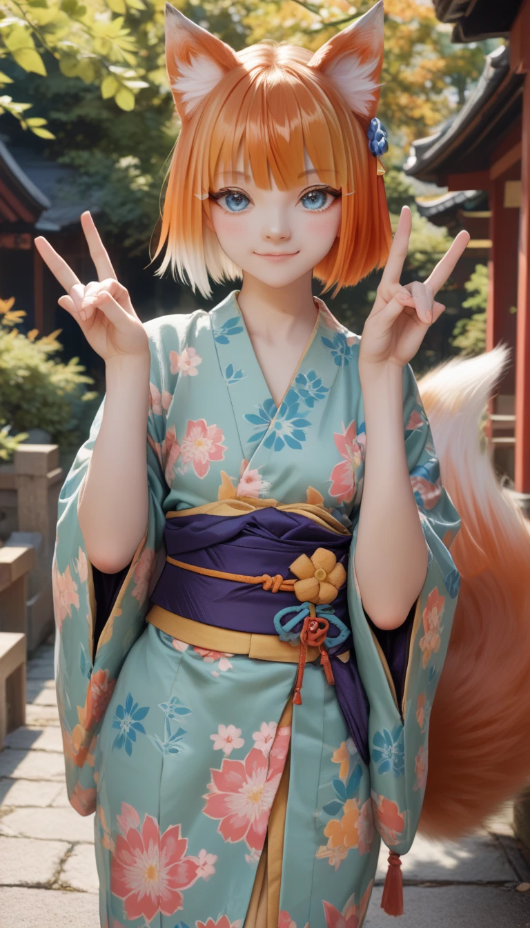 score_9, score_8_up, score_7_up, score_6_up, source anime, double fox shadow puppet,
kittunemimi, fox girl, 1girl, kimono, solo, animal ears, blue eyes, fox tail, small breasts, orange hair, navel, smile, outdoors, looking at viewer, fox ears, blush, gradient hair, closed mouth, animal ear fluff, multicolored hair, bangs, gion