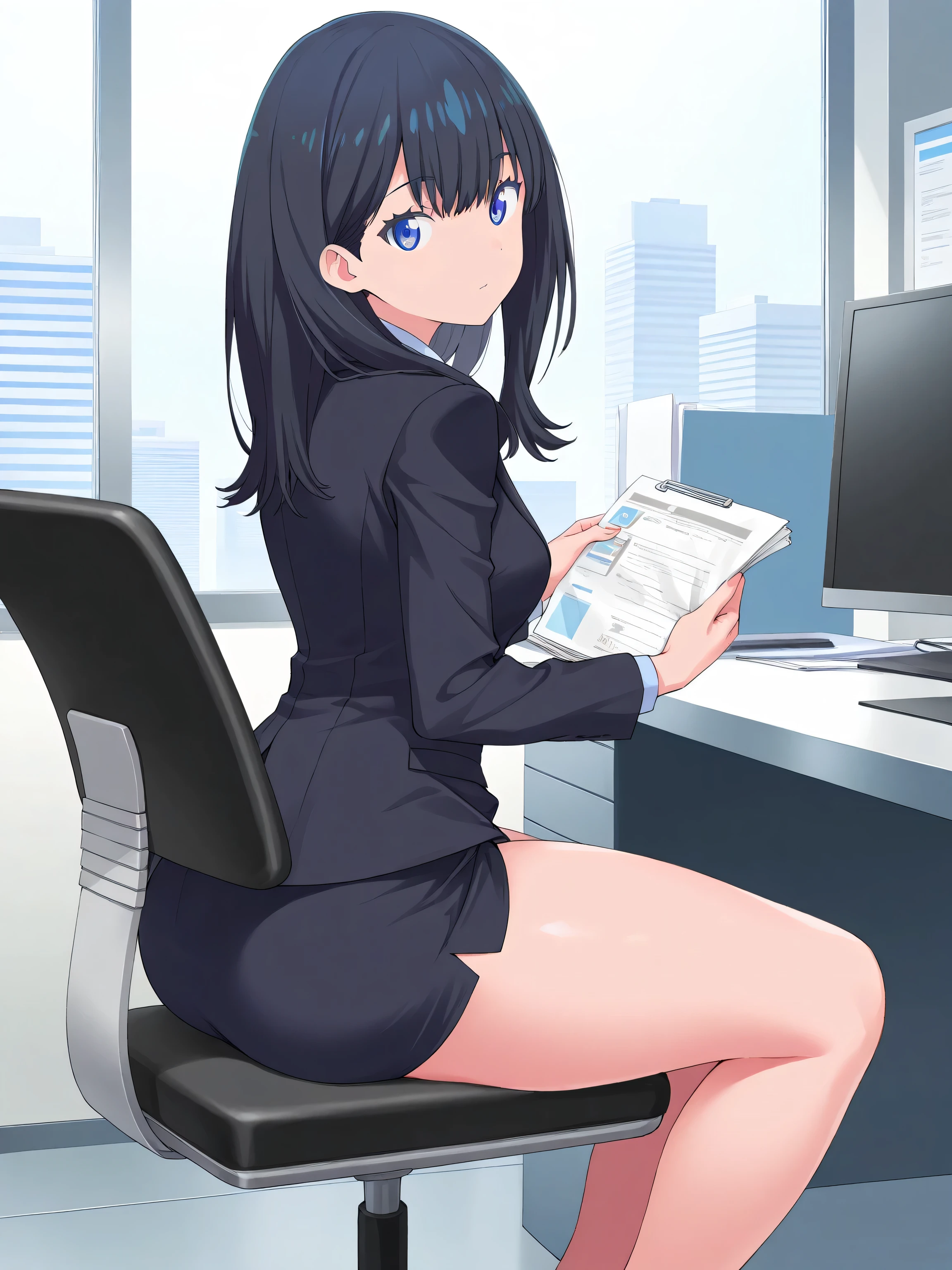 masterpiece,best quality,game cg,1girl,takarada_rikka,gridman_universe,ssss.gridman,solo,black_hair,blue_eyes,straight_hair,hair_between_eyes, long_hair, (thick thighs:1.1), medium breasts, (((office lady suits))), business suit, sitting chair, holding documents, from side, from behind, office, looking at viewer,