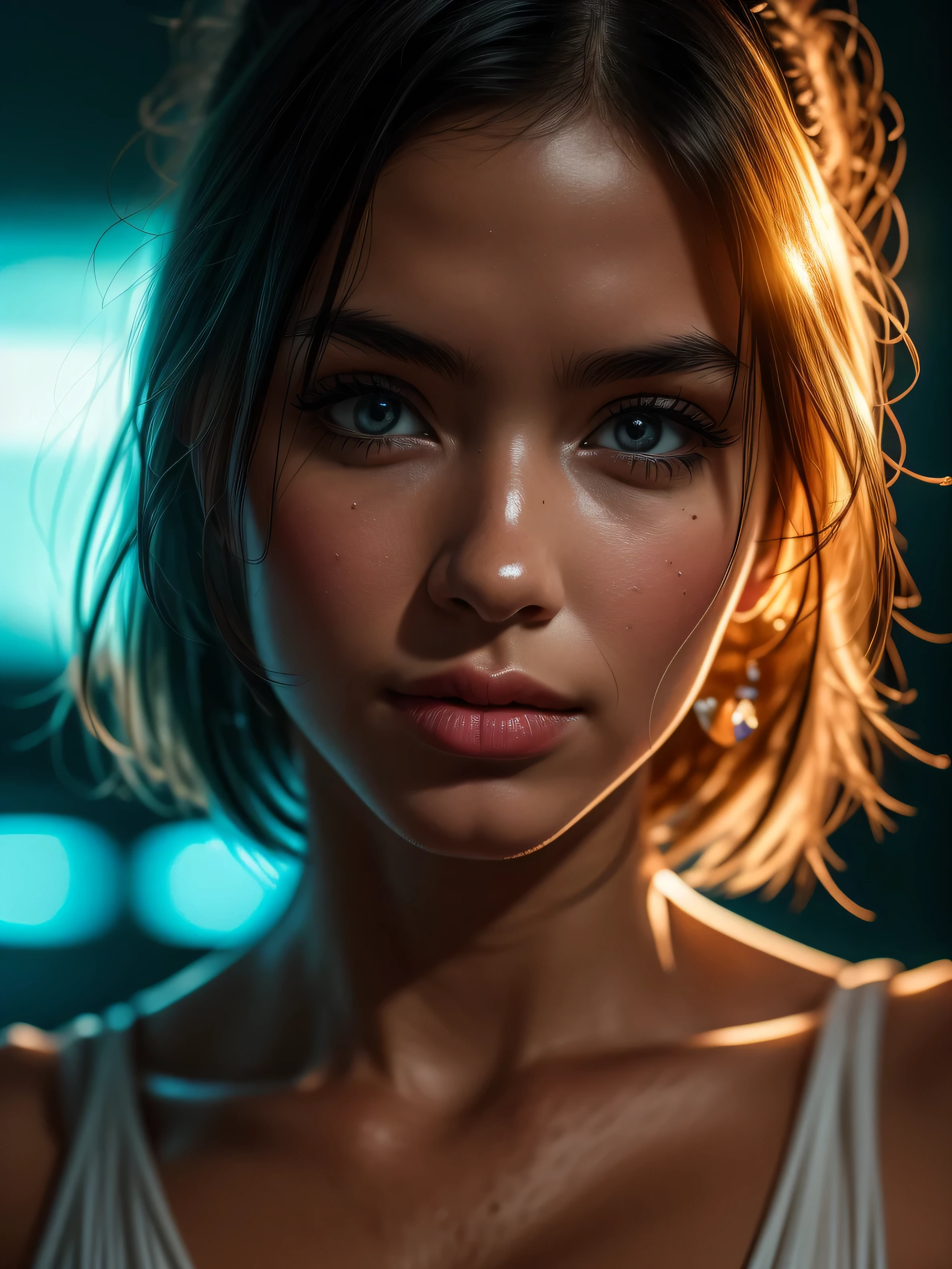 nighttime scene，Close up of a photo of a sexy，The upper part of the body，The background light flashes，Facial detailed，The details are complex