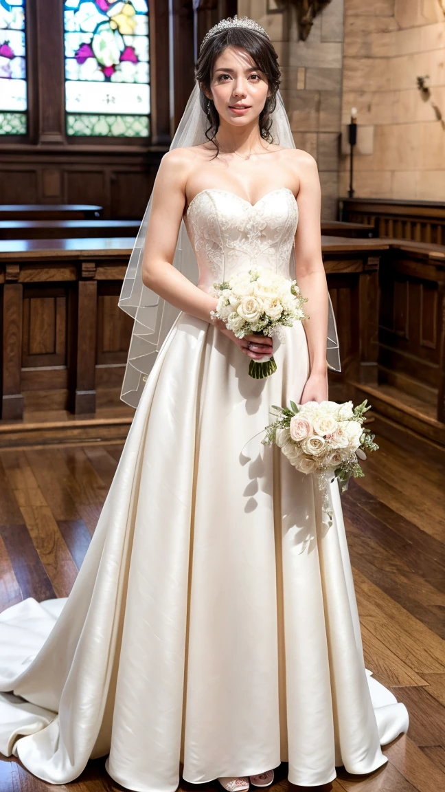 A beautiful young Japanese woman, 26 years old, with healthy thighs, beautiful legs, flawless skin, random hair color and style, large breasts, wearing a (wedding dress:1.3), (she is standing:1.2), full body shot, high heels, holding a bouquet in her hands, in a church setting, (best quality,8k, masterpiece:1.3), (extremely detailed:1.2), perfect anatomy, matsushitanao