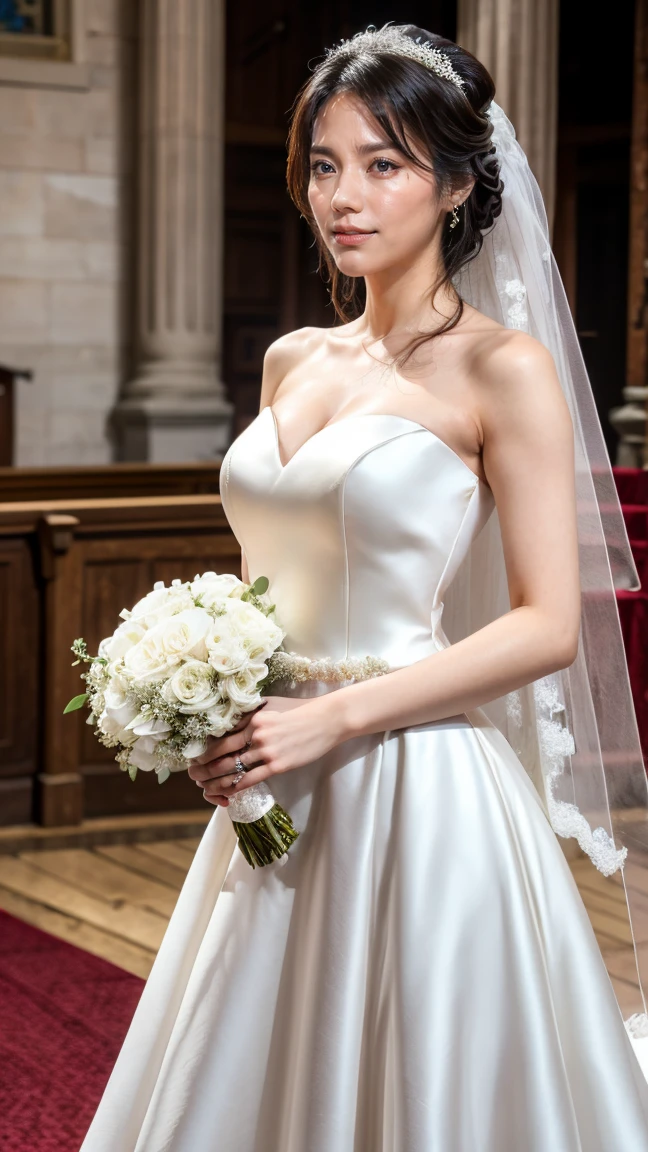 A beautiful young Japanese woman, 26 years old, with healthy thighs, beautiful legs, flawless skin, random hair color and style, large breasts, wearing a (wedding dress:1.3), (she is standing:1.2), full body shot, high heels, holding a bouquet in her hands, in a church setting, (best quality,8k, masterpiece:1.3), (extremely detailed:1.2), perfect anatomy, matsushitanao