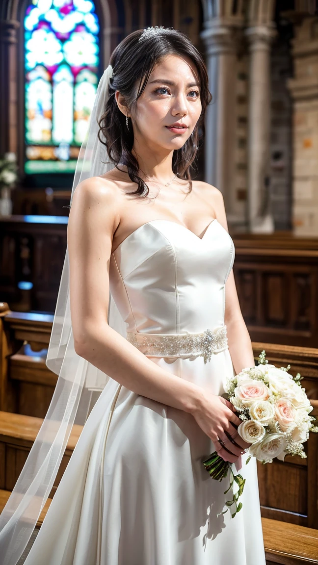 A beautiful young Japanese woman, 26 years old, with healthy thighs, beautiful legs, flawless skin, random hair color and style, large breasts, wearing a (wedding dress:1.3), (she is standing:1.2), full body shot, high heels, holding a bouquet in her hands, in a church setting, (best quality,8k, masterpiece:1.3), (extremely detailed:1.2), perfect anatomy, matsushitanao