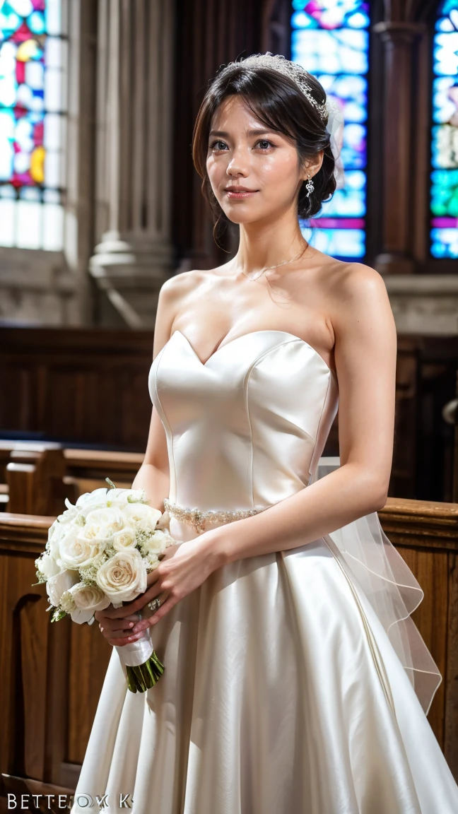 A beautiful young Japanese woman, 26 years old, with healthy thighs, beautiful legs, flawless skin, random hair color and style, large breasts, wearing a (wedding dress:1.3), (she is standing:1.2), full body shot, high heels, holding a bouquet in her hands, in a church setting, (best quality,8k, masterpiece:1.3), (extremely detailed:1.2), perfect anatomy, matsushitanao