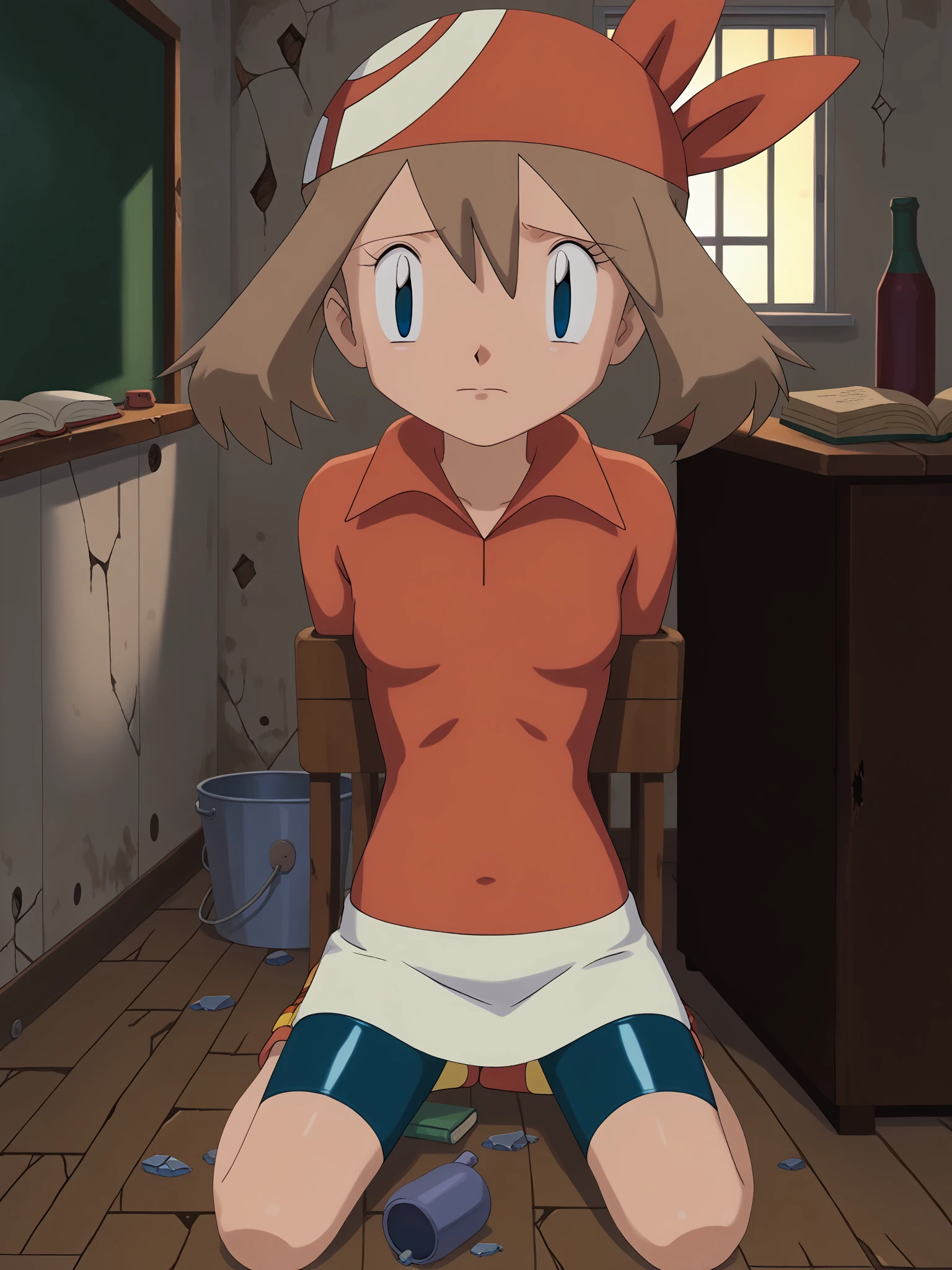 score_9, score_8_ up, score_7_ up, score_6_ up, break, (((flat color, Vector art))), 
(((1girl, Alone, alone))), 
May PXL , (((pokemon, haruka, may))),  blue eyes,  brown hair,  shorthair ,  hair between eyes , Red Bandana,  red shirt, Short sleeve,  gloves, ((( white skirt))), (((navy blue bike shorts))),  ((( abandoned school, wooden, indoor, book, book stack, bottle, box, broken, broken glass, broken window, bucket, building, cardboard box, chair, chalkboard, classroom, too many abandoned lingerie, evening, dark lighting, orange lighting))), 
(((face focus, face close up, Front View))), 
(((, Petite, Short stature, 120cm, Very cute *********))), (((small breast))), 
(((l Full body , Kneeling, submissive))), (((bound arms, arms behind back))),
looking at viewer, 