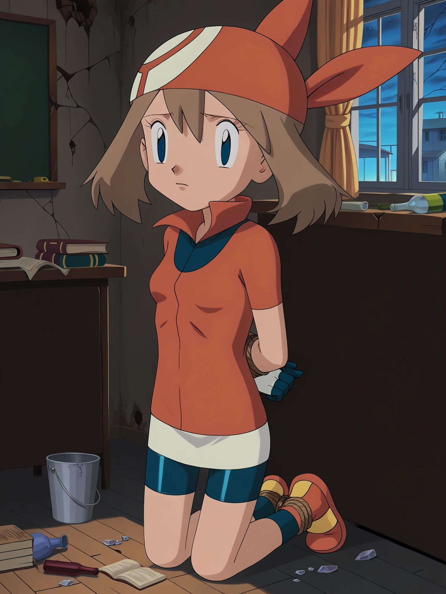 score_9, score_8_ up, score_7_ up, score_6_ up, break, (((flat color, Vector art))), 
(((1girl, Alone, alone))), 
May PXL , (((pokemon, haruka, may))),  blue eyes,  brown hair,  shorthair ,  hair between eyes , Red Bandana,  red shirt, Short sleeve,  gloves, ((( white skirt))), (((navy blue bike shorts))),  ((( abandoned school, wooden, indoor, book, book stack, bottle, box, broken, broken glass, broken window, bucket, building, cardboard box, chair, chalkboard, classroom, too many abandoned lingerie, evening, dark lighting, orange lighting))), 
(((face focus, face close up, Front View))), 
(((, Petite, Short stature, 120cm, Very cute baby face))), (((small breast))), 
(((l Full body , Kneeling, submissive))), (((bound arms, arms behind back))),
looking at viewer, 