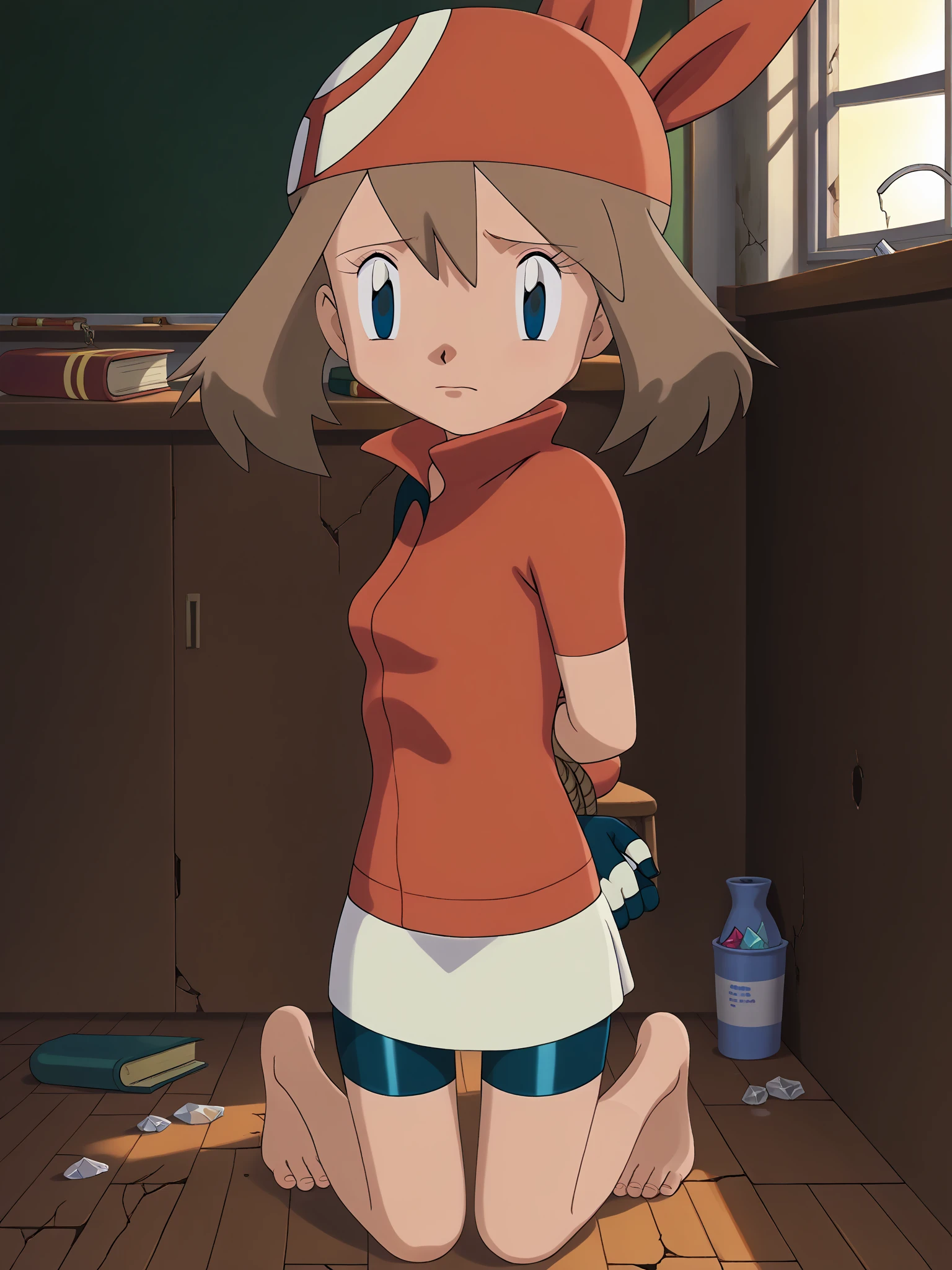 score_9, score_8_ up, score_7_ up, score_6_ up, break, (((flat color, Vector art))), 
(((1girl, Alone, alone))), 
May PXL , (((pokemon, haruka, may))),  blue eyes,  brown hair,  shorthair ,  hair between eyes , Red Bandana,  red shirt, Short sleeve,  gloves, ((( white skirt))), (((navy blue bike shorts))),  ((( abandoned school, wooden, indoor, book, book stack, bottle, box, broken, broken glass, broken window, bucket, building, cardboard box, chair, chalkboard, classroom, too many abandoned lingerie, evening, dark lighting, orange lighting))), 
(((face focus, face close up, Front View))), 
(((, Petite, Short stature, 120cm, Very cute baby face))), (((small breast))), 
(((l Full body , Kneeling, submissive))), (((bound arms, arms behind back))),
looking at viewer, 