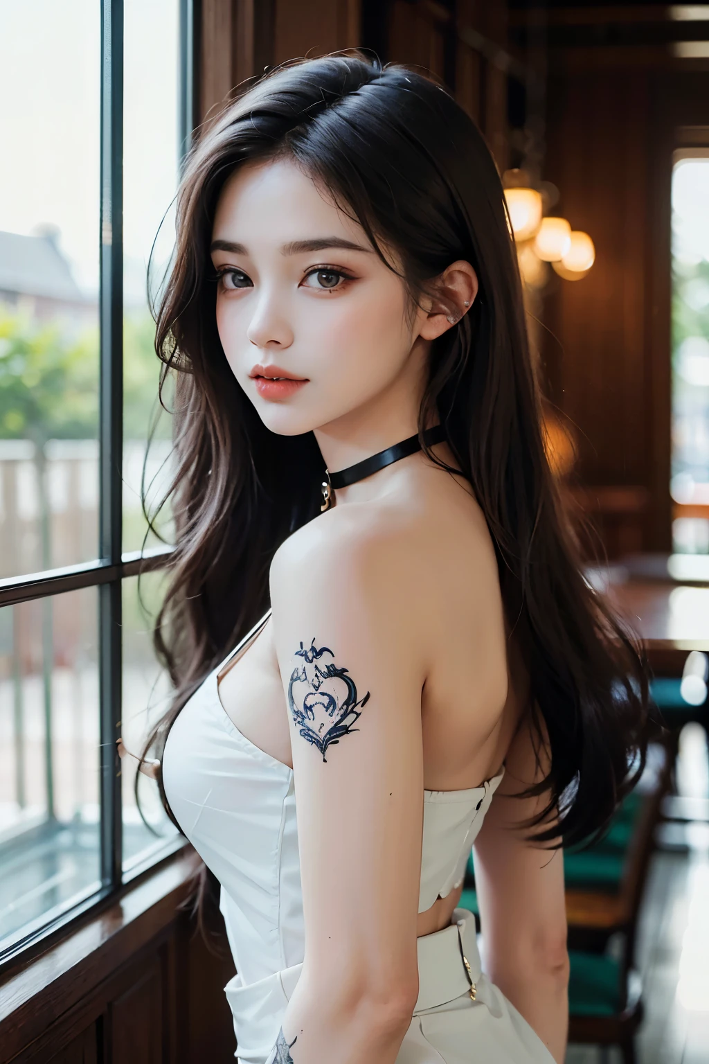 Urban beautiful girl college student, masterpiece, light makeup, Red lips, Silver Hair, Disheveled long hair, Street background, beautiful, elegant. Extremely fine detail, Master Works, Authentic texture, Realism in film lighting, Perfect job, 16k, hd, exquisite features,blue eyes、Japanese Idols、Beautiful face、Cute Smile、brown hair、beautiful hair、ponytail、glamorous、 Big Breasts、Erect nipples、Greasy muscles、Shiny skin、Sunburned skin、Glowing dark skin、Wearing a bra top and thong, Bright big eyes, Smooth skin, Earrings, necklace, tattoo