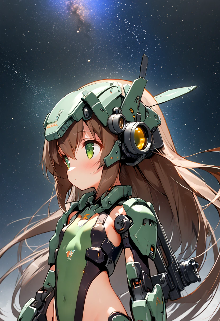 1girl,solo,9yo,pointy ears,(flat_chest:0.9),(small_breasts),(short stature:1.3),very small girl,deep green eyes,very long brown hair,single low-tied long hair,(headgear with rifle scope:1.4),
 (armed girl,mecha_musume,mecha girl),rifle,weapon,(looking away),9yo,pointy ears,(flat_chest:0.9),(small_breasts),(short stature:1.3),very small girl,deep green eyes,very long brown hair,single low-tied long hair,(oversized mechanical gauntlets),, (starry sky:1.3), upper body, long hair  