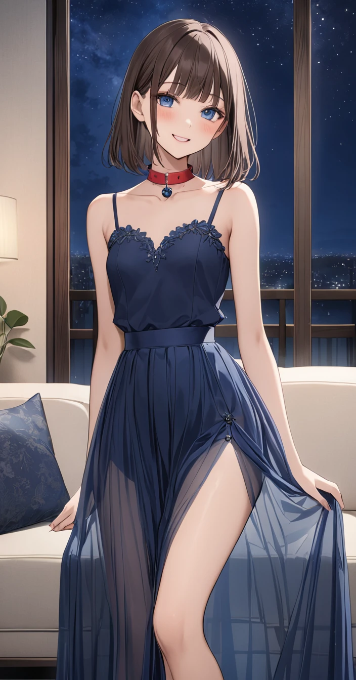 ((masterpiece)), ((best quality)), ((ultra detailed)), ((kawaii)), cute, (lovely), ((extremely detailed)), ((8K)), (beautiful), full body, luxury room, a cute girl, 1girl, solo, blue mini camisole dress,beautiful light brown hair, ((detailed beautiful brown eyes)), white-skinned, long hair, flat breast, tiny breast, garter belt,standing,(nfsw:1.4)