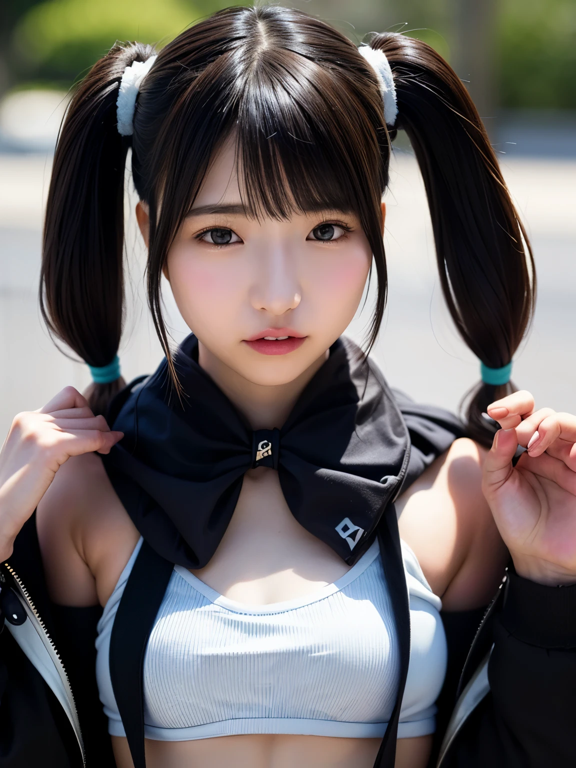 20 year old Japanese woman、 black hair、Hair is very short、 twin tails、hatsune miku costume、 headphones、 flat chest、 realistic photos、 realistic、8K quality、expensive、 no bangs 、 street、