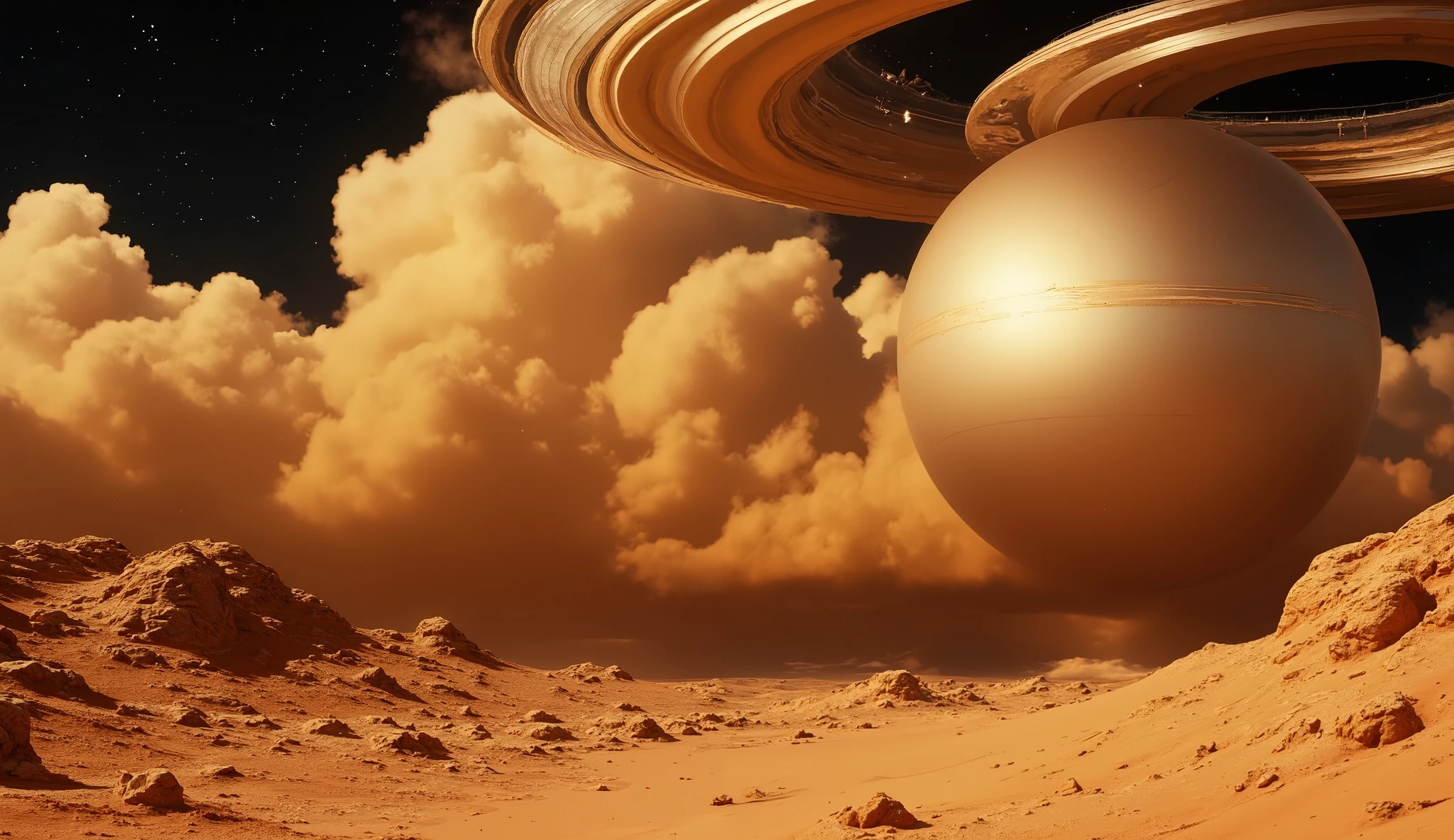 A breathtaking vista of a ringed planet set against a golden, fiery nebula. Large, puffy clouds of warm, golden hues dominate the midground, contrasting beautifully with the rugged, tan-colored desert landscape below. The planet, a light brownish-orange, is enormous in the background, exuding a sense of serene, epic grandeur. Its prominent rings, composed of similar colors, extend outward, adding depth and intricacy to the cosmic scene. A scattering of tiny, glittering stars punctuates the inky blackness above and around the vibrant golden nebula. The lighting is soft and warm, highlighting the textures and forms of the landscape. The overall atmosphere is awe-inspiring, serene, and filled with a sense of wonder and vastness. The style leans towards science fiction, cosmic fantasy, and digital art, showcasing meticulous detail and vivid color palettes. The perspective is from a vantage point overlooking the desert terrain, drawing the viewer's eye upward toward the celestial spectacle. The focus is on the dramatic interplay between the golden planetary rings, the nebula, and the earthly landscape. The muted colors create a dreamlike ambiance.