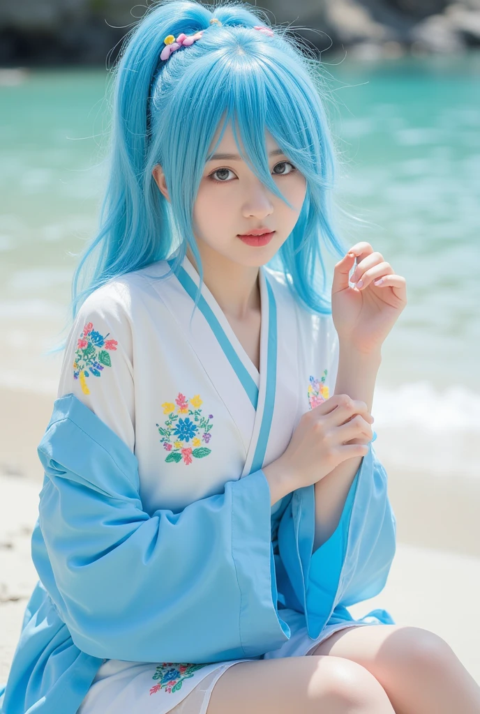 cosplayer anime,costume anime from Aqua konosuba,beautiful face,cosplay clothes,real photos,best photos,photography,real people,beach,best photo quality