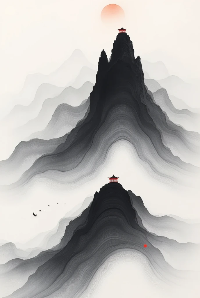 (大量留White:1.5)，White, White色背景,  simple,  minimalism, summary,Hand-drawn，Aesthetic ，黑与White，Ink Painting，Ancient，Mountain，People in the distance 