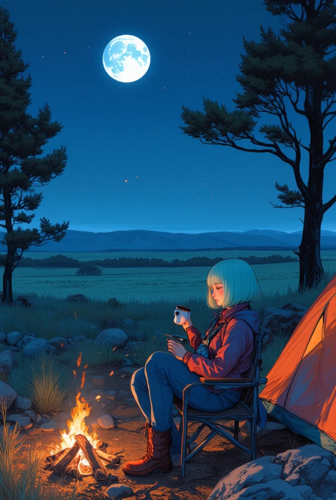 cute women, light green bob cut, blunt bangs, camping alone on a plain with a beautiful moonlit sky, making and drinking coffee, tent, campfire, chair, Tsutomu Nihei style, Nishio Isin style, colorful pop color art, professional and perfect composition, extremely delicate depiction, extremely clear image, various effects, bold and dynamic, contrasts of light and shadow, 2.5D, artistic photography, hyper realistic, ultra detailed, absolutely resolution, masterpiece