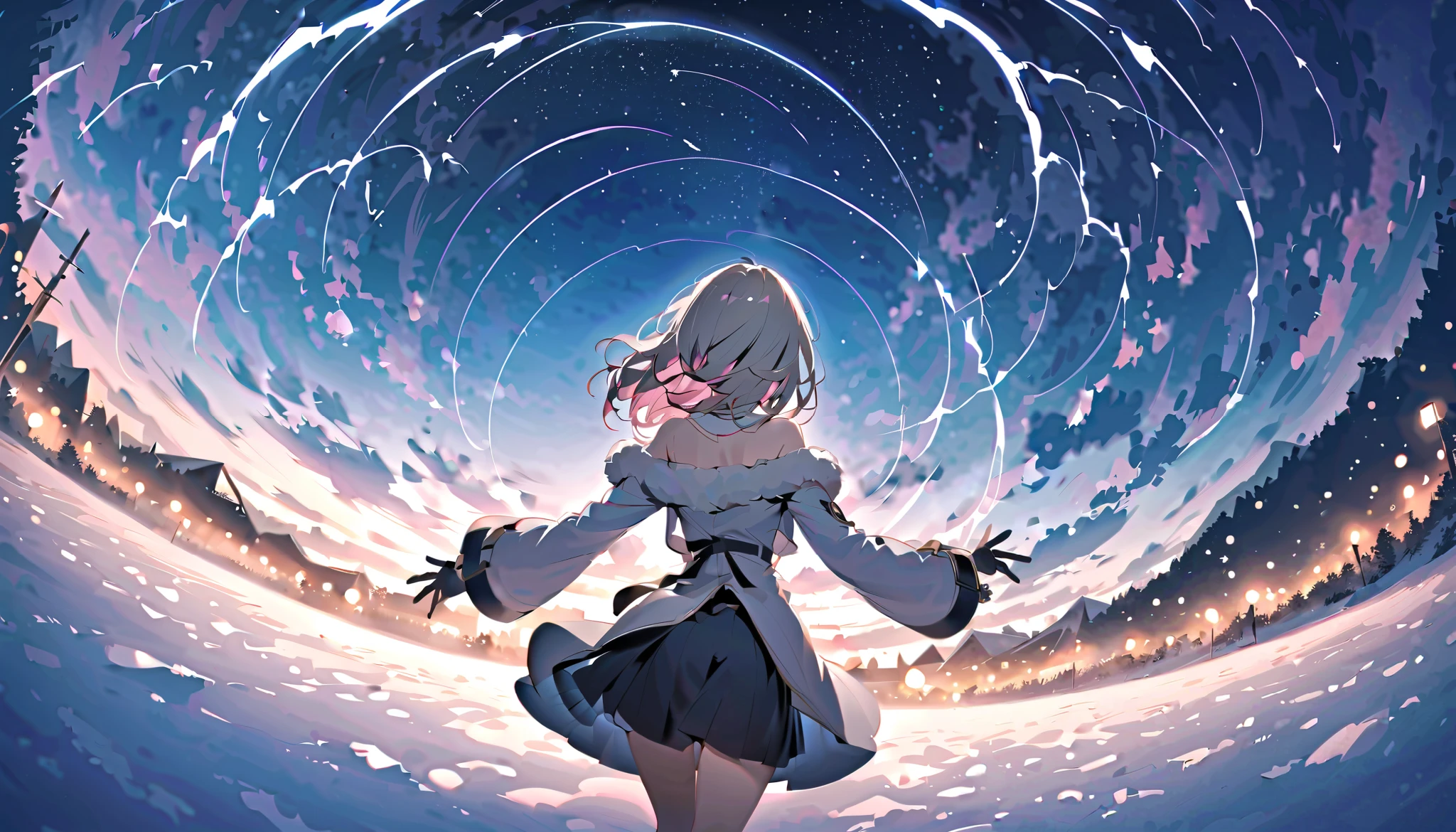 night、暗いnight、night中、、 Dark Atmosphere 、night中の暗さ、 Darkness、 Darknessで光る街灯、ベンチから見る starry sky 、 Darkness、ベンチに座って looks up at the 空、 back view、満点の starry sky 、 backlit、Snow trails 、 Profile gazing into the distance 、 満点の starry sky 、 fisheye lens、 snowy winter cityscape 、 . starry sky  を  looks up at the  . backlit、 Rear View 、   snowy white road  、  white snow road  、  gloves、  muffler  、  White Breath、  starry sky  、、 Lift Your Face 、 knight の冬街、 Illuminations、  amazing light、 knight 、  thick boa coat  、  long coat and  、  muffler  、、  wear a thick coat  、 Sing in the Winter Sky 、snowy town、asymmetry bangs, swept bangs.,extends hands、 、{{{masterpiece}}}, {{{ top quality}}}, {{  more details }}, {beautiful detailed eye}, 1  girl  ,Alone, ((  gray hair)),(bangs), Angle from above、  looks up at the  ,  girl  ,Midea,eye、  dynamic angle with blue lightning 、Long  gray hair、  pink hair 、Alone、  medium hair with double swords 、白い  medium hair with double swords 、  long hair、  bob hair、 }  white collar long sleeve pink shirt {x} 肩くらいまで伸びる  gray hair 、  pink hair with pink tips 、  medium hair with double swords ー、  hair inner color is pink  、  hair down shoulders  、 pretty  girl  、Detailed eye、Anime、  Shirogane Noel、 black skirt、  hair down shoulders  、Alone、 1  girl  、E art style 、 The light shines 、Beautiful Shadows、Alone、