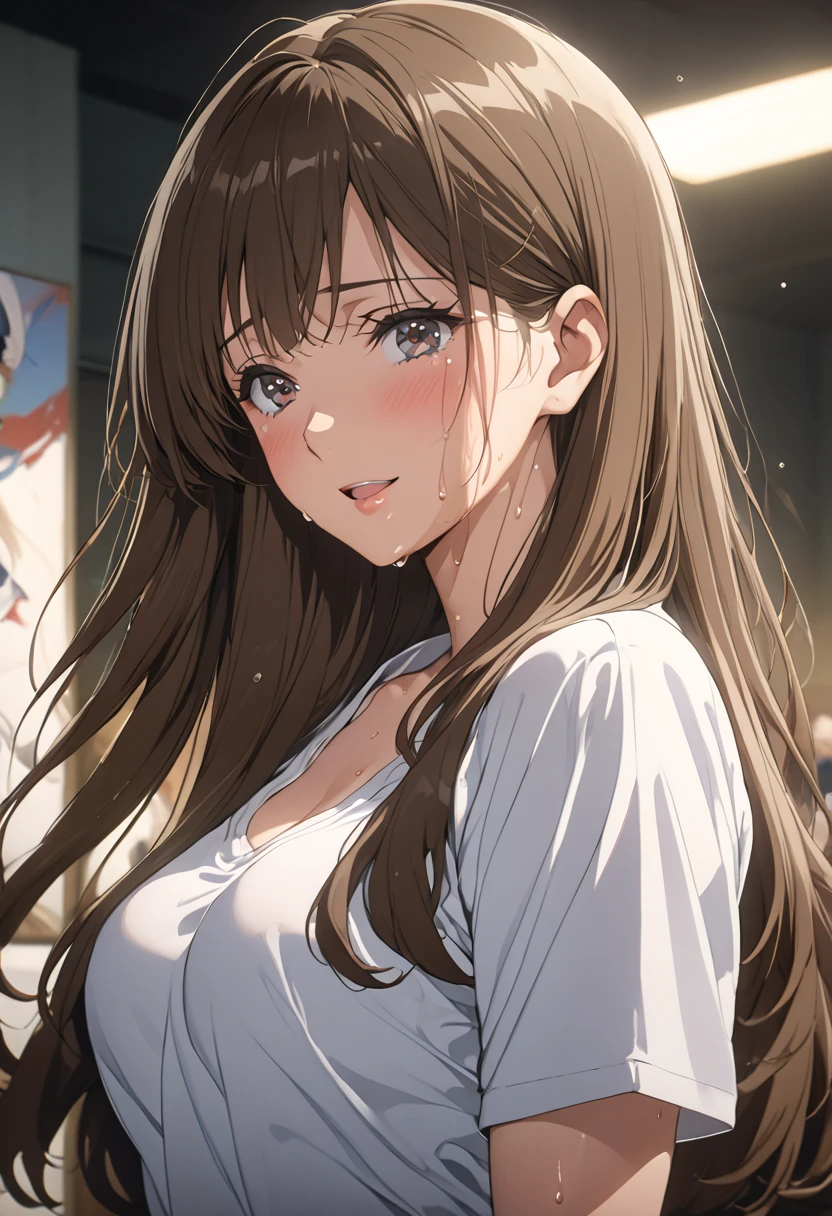 masterpiece, Best Quality, High resolution,16k,official art,super detailed skin,detailed,animated painting, (Mayu Kuroe),1990s \(style\),(white shirt,mini skirt:1.3)、(E-cup beautiful breasts)、clevage, (tall:1.2),height: 170cm,Fashion model body type、Sweating all over the body、vapor、Muscular、(sexy),nsfw,Sweaty、Configuration from the front、happy,simle,Ahegao、Anime-style painting style,Brown Hair、long Hair、Close up on upper body,Cinematic lighting,Superfine,in the school,winter,(sexy),extreme closeup