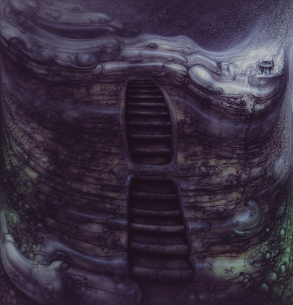 

 The image depicts a fantastical scene of a castle with a round tower, surrounded by a whirl of dark clouds and a starry nebulous sky in the background.

The space in this H.R. Giger-esque image is formed through a complex interplay of several visual techniques, creating a claustrophobic, layered, and ambiguous environment. Space in this image is formed by a combination of overlapping forms, lack of traditional perspective, flowing curves, high detail, ambiguous scale, and subtle lighting. These techniques work together to create a unique and unsettling spatial experience that is characteristic of Giger's work: a claustrophobic, organic, and biomechanical environment that feels both alien and strangely familiar.
 The most dominant feature is the dense overlapping and interweaving of organic and mechanical forms. Figures, pipes, tubes, and other structures merge seamlessly, making it difficult to distinguish where one ends and another begins. This creates a sense of depth and layers, but also contributes to the claustrophobic feeling as there's little empty space.
 There's no clear horizon line or defined vanishing point to establish traditional perspective. This further adds to the sense of disorientation and makes it difficult to gauge the scale and distance of the elements within the image. The space feels compressed and undefined.
Giger frequently uses smooth, organic curves and contours that flow into each other. These curves create a sense of movement and dynamism, but also further blur the boundaries between objects and spaces. The eye is led through the image along these curves, but there's no clear destination or resting point.
 The high level of detail and intricate textures across the entire image contributes to the sense of density and complexity. There are few areas of smooth, flat color or empty space. This creates a visually rich environment, but also makes it difficult for the eye to find a focal point or establish a sense of spatial hierarchy.
 The