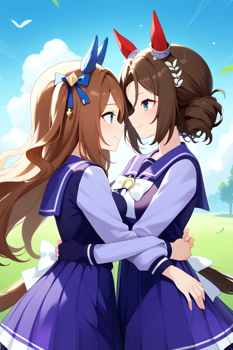 score_9, score_8_up, score_7_up, score_6_up, score_5_up, score_4_up, uncensored, BREAK source_anime, masterpiece, 2girls, yuri, King Halo\(umamusume\), brown hair, red eyes, side ponytail, Kawakami Princess\(umamusume\), brown hair, aqua eyes, french braid, smile, super long hair, large breasts, tracen school uniform, purple serafuku, white bow, long sleeves, purple skirt, pleated skirt, outdoor, wind, shiny, 2girls looking at each other, hug,