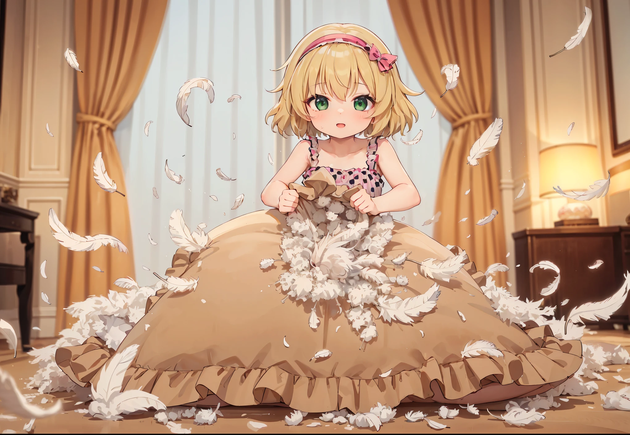 (best quality, masterpiece) , details, (Light and shadow oxtail) , Cute girl posing on pillow ,Pillow, Upholstered,Soft pillow,(Pillow),The love surrounding the protagonist,steam,(Luxury Pillow),(Gorgeous pattern pillow),silk pillow, satin pillow, luxurious pillow, standing,(Love around the protagonist),(pillow), frilled pillow , 1 pillow, standing on a top of pillow, on pillow, big pillow, fluffy pillow, pillow damage, stomping pillow, stomping, pillow on floor, stepping on pillow, posing on top pillow, full body, pillow on floor, (((feathers))), pillow destroy, ripping pillow, tearing pillow in half, feathers everywhere, cotton, stuffing pillow, sakurai_momoka_theidolmastercinderellagirlsu149, blonde_hair, hairband, short_hair, green_eyes, bangs, upper_body, smile, bow, open_mouth, wavy_hair