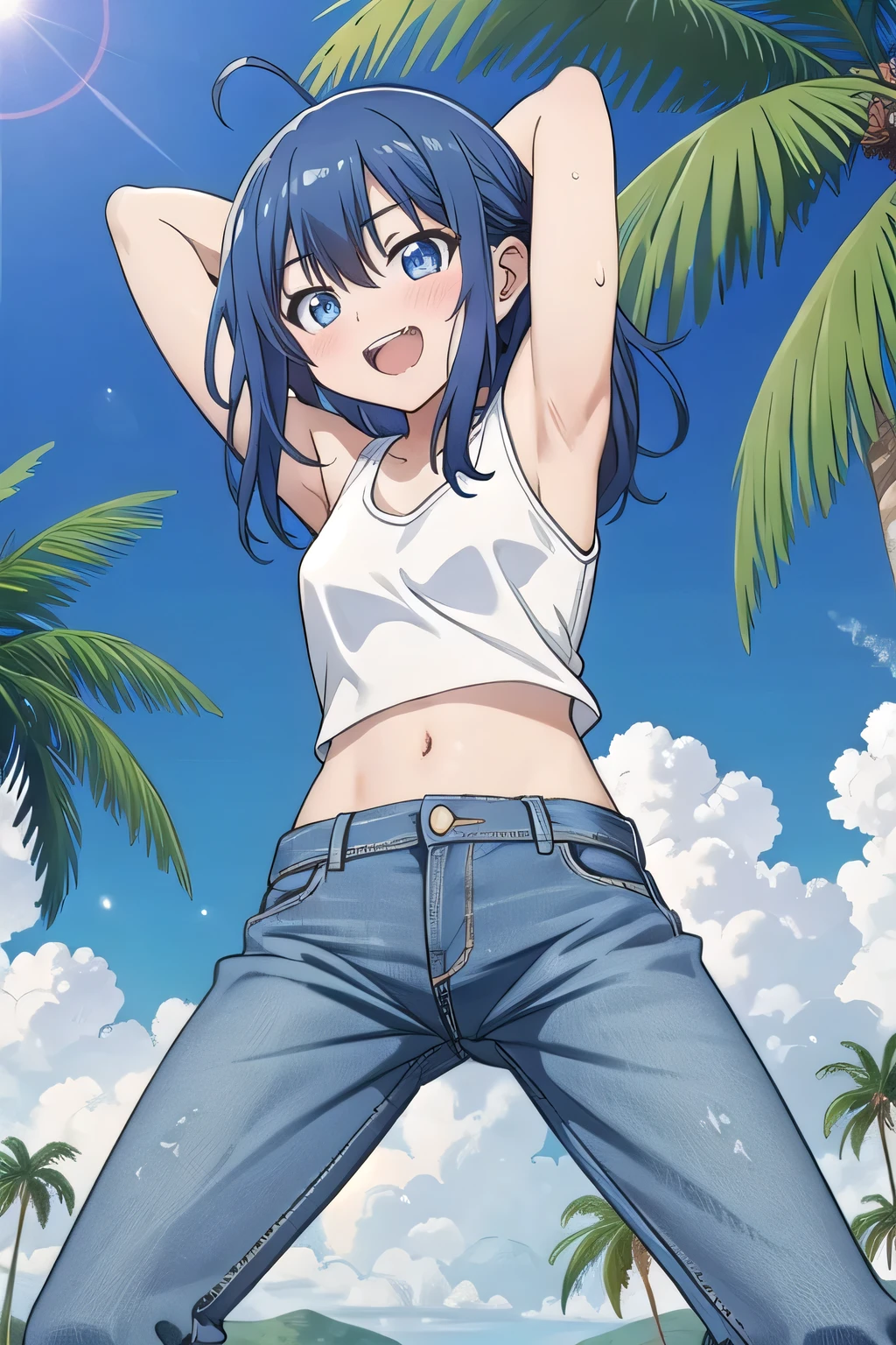 masterpiece,best quality,ultra detail, ((Perfect Face, Perfect Arms, Perfect hands, Perfect Fingers)), 1girl, , peti ((round face, ecstasy, orgasm face, drooping eyes, shame smiling, blush)), dropping eyes, sleepy, background((under the beach, (day:1.2), palm tree, bright sky)), Yanami anna, ahoge,medium hair,blue hair,sidelocks,blunt bangs,blue eyes, hair between eyes,parted bangs, blue eyes, arms behind head, contrapposto, spread armpits, looking at viewer,, (white tank top:1.2), (white crop top:1.2), (jeans pants:1.2, flares jeans:1.2, skinny jeans:1.2, blue jeans:1.2), standing, (legs spread:1.2), sex pose, Sweaty crotch, Steam from the crotch, from below, full medium body