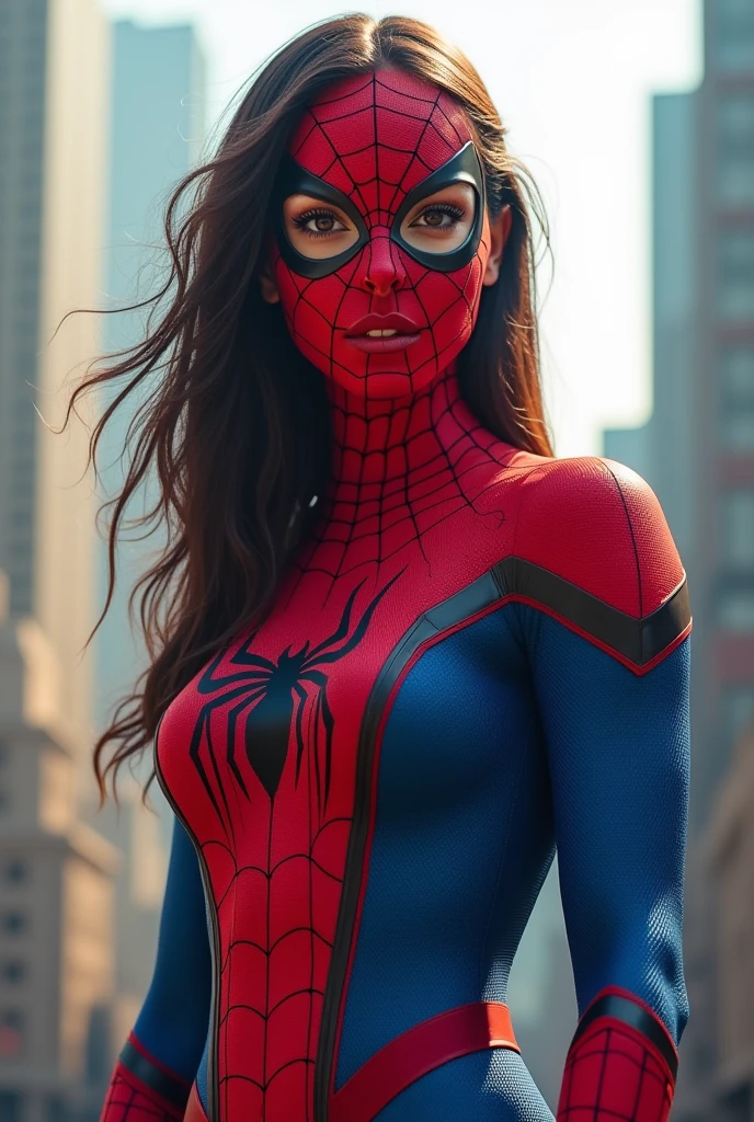 Women in spider woman suits without clothes on their breasts