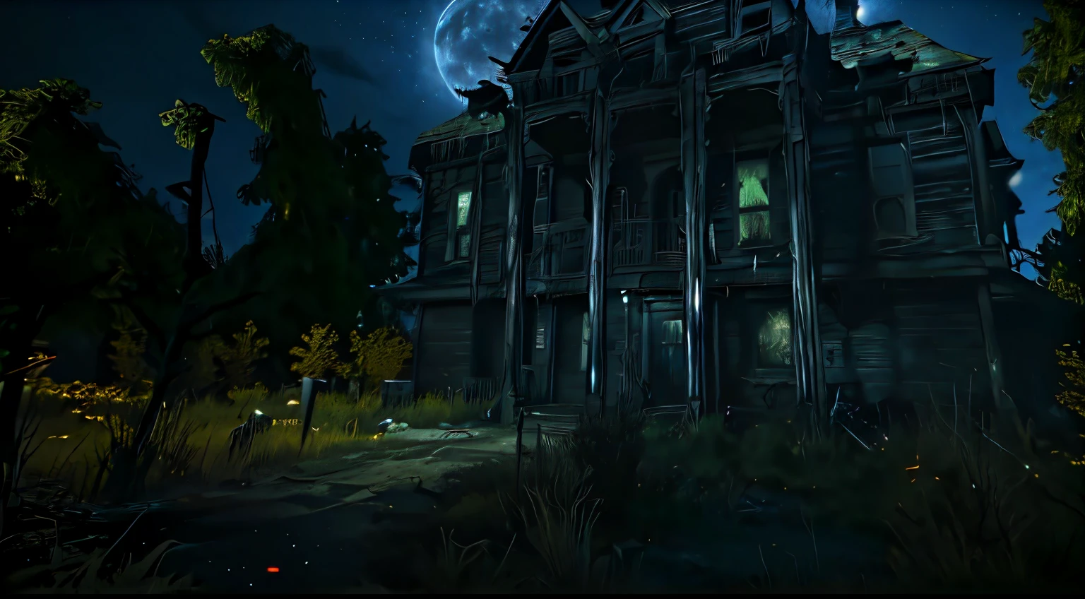 there is a creepy looking house with a creepy looking roof, location of a dark old house, horror game graphics, night time render, eerie highly detailed, pc screenshot, horror environment, outer wilds screenshot, beautiful screenshot, photorealistic screenshot, dark night environment, mysterious exterior, videogame still, spooky mansion, highly detailed horror, video game screenshot>, ultra detailed haunted house