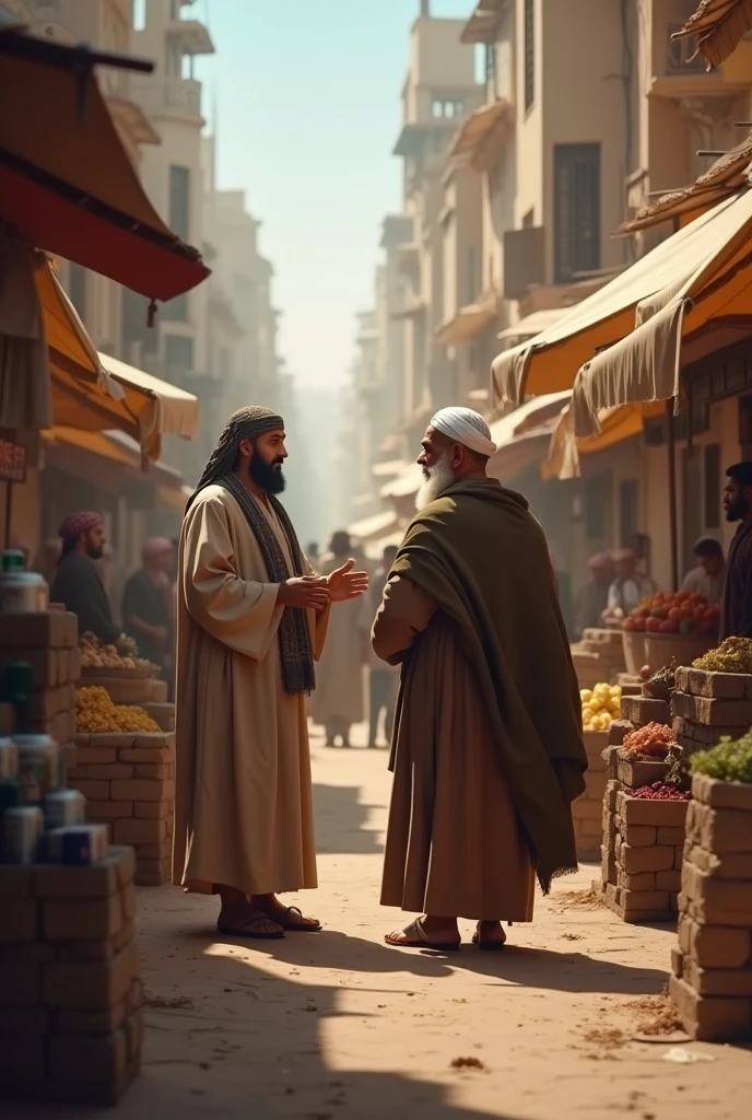 A beggar stands on the streets of Madinah carrying dishes and a blanket. 
A dervish stands in front of him.