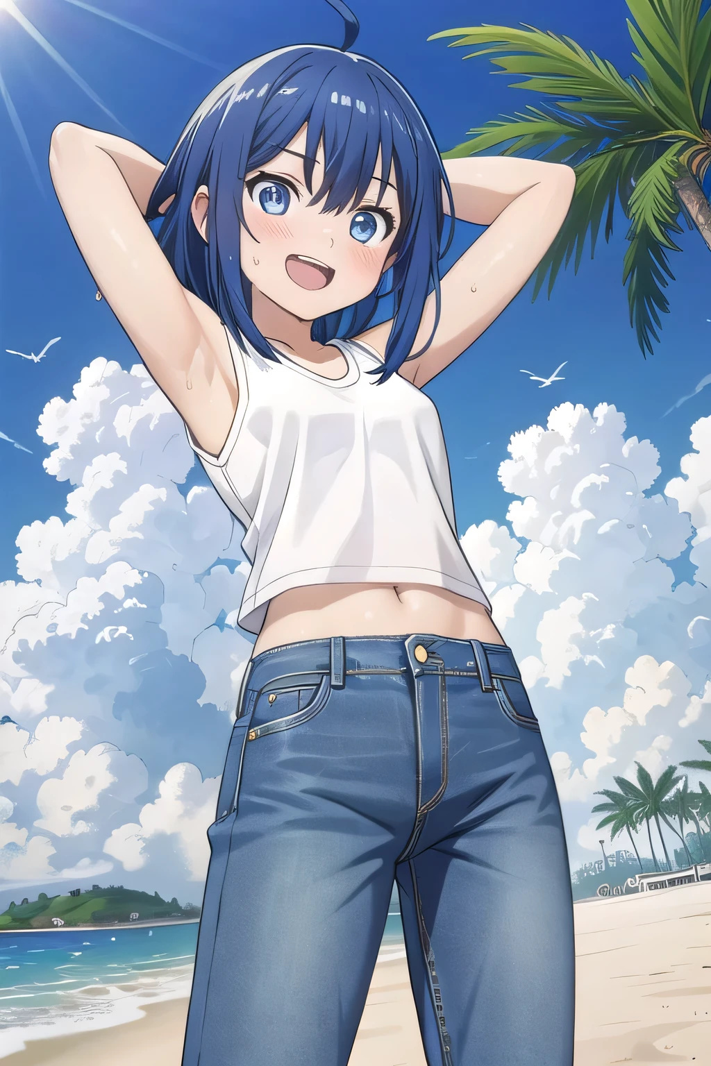 masterpiece,best quality,ultra detail, ((Perfect Face, Perfect Arms, Perfect hands, Perfect Fingers)), 1girl, , peti ((round face, ecstasy, orgasm face, drooping eyes, shame smiling, blush)), dropping eyes, sleepy, background((under the beach, (day:1.2), palm tree, bright sky)), Yanami anna, ahoge,medium hair,blue hair,sidelocks,blunt bangs,blue eyes, hair between eyes,parted bangs, blue eyes, arms behind head, contrapposto, spread armpits, looking at viewer,, (white tank top:1.2), (white crop top:1.2), (jeans pants:1.2, flares jeans:1.2, skinny jeans:1.2, blue jeans:1.2), standing, (legs spread:1.2), sex pose, Sweaty crotch, Steam from the crotch, from below, full medium body