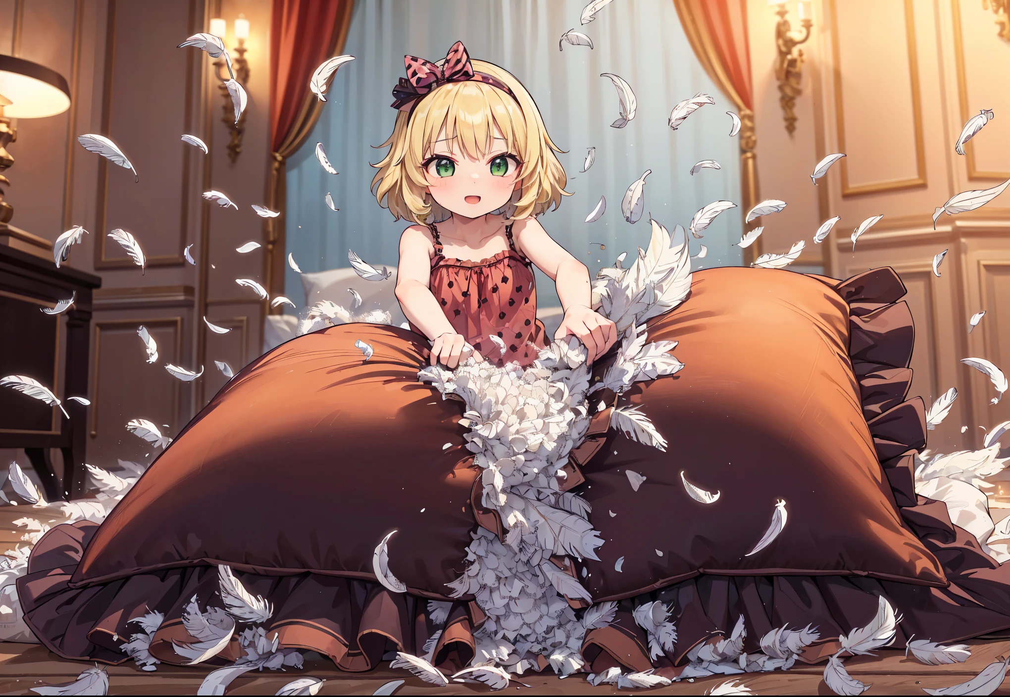 (best quality, masterpiece) , details, (Light and shadow oxtail) , Cute girl posing on pillow ,Pillow, Upholstered,Soft pillow,(Pillow),The love surrounding the protagonist,steam,(Luxury Pillow),(Gorgeous pattern pillow),silk pillow, satin pillow, luxurious pillow, standing,(Love around the protagonist),(pillow), frilled pillow , 1 pillow, standing on a top of pillow, on pillow, big pillow, fluffy pillow, pillow damage, stomping pillow, stomping, pillow on floor, stepping on pillow, posing on top pillow, full body, pillow on floor, (((feathers))), pillow destroy, ripping pillow, tearing pillow in half, feathers everywhere, cotton, stuffing pillow, sakurai_momoka_theidolmastercinderellagirlsu149, blonde_hair, hairband, short_hair, green_eyes, bangs, upper_body, smile, bow, open_mouth, wavy_hair