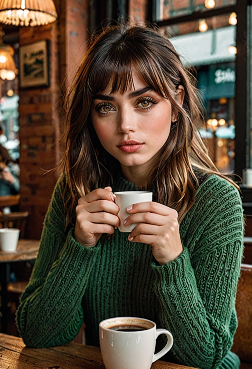 a beautiful 20 year old j0i woman,1 girl,  greenish brownbeautiful detailed eyes,beautiful detailed lips,extremely detailed eyes and face,long eyelashes, hair with bangs, sitting at a cozy coffee shop table,holding a cup of coffee,wearing a sweater and jeans,(best quality,4k,8k,highres,masterpiece:1.2),ultra-detailed,(realistic,photorealistic,photo-realistic:1.37),portrait,warm lighting,soft colors,natural,inviting,comfortable,cozy,intimate,peaceful