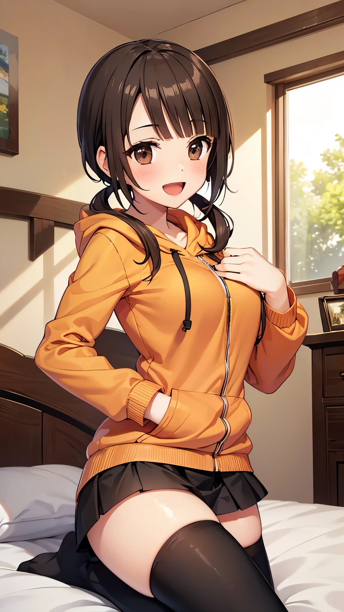 (top quality, greatest masterpiece),okitasawa,((low twintales)) ,(orange hoodie:1.3), black skirt,((black thigh-high socks:1.3)), brack coat, anatomically correct body , looking at the camera, very detailed facial features, beautiful and perfect face,(:d:1.3),sitting on bed,bed room,upper body shot:1.3,blush:1.3,red cheek:1.3