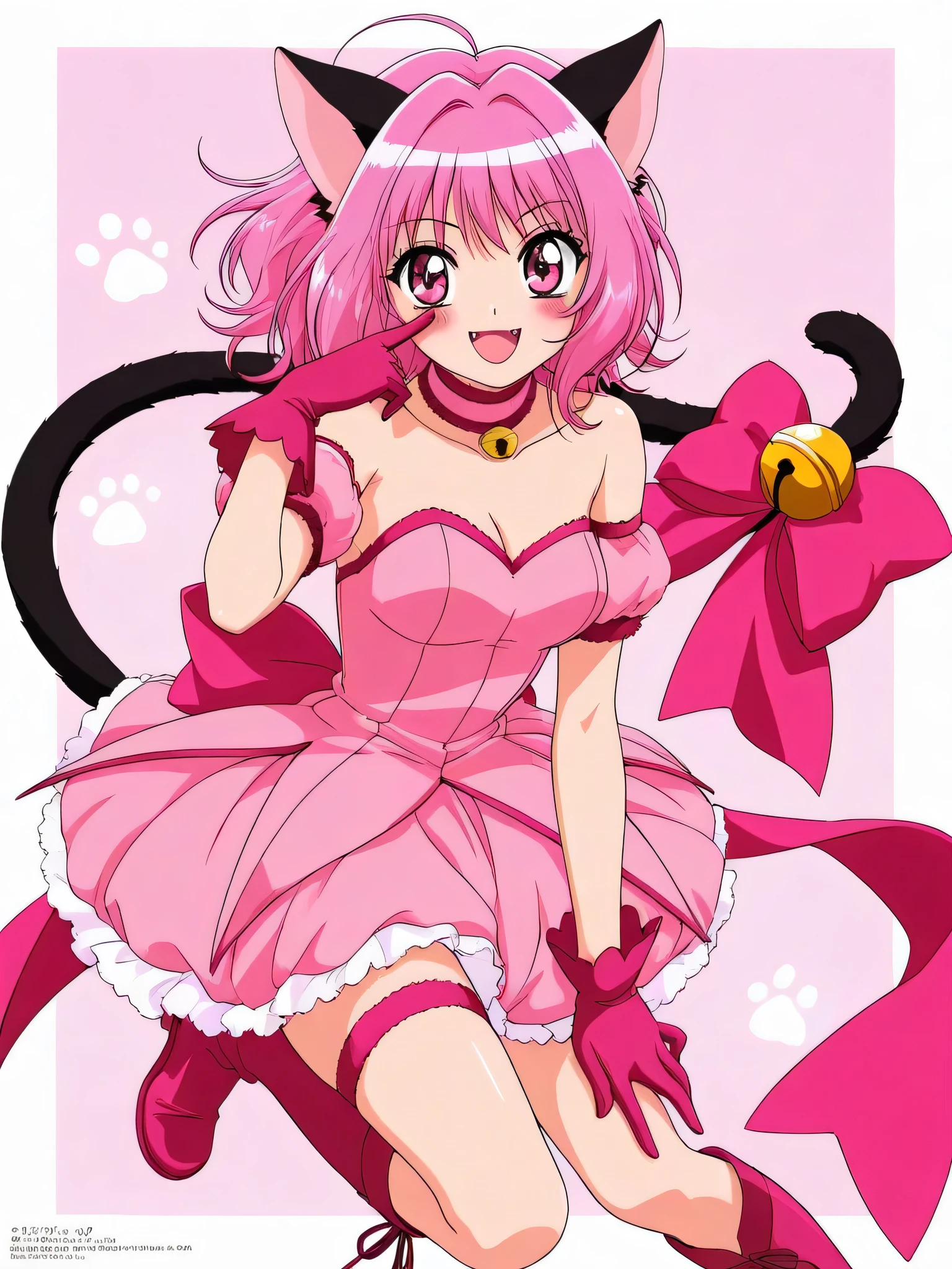 1girl ,animal ears ,bare shoulders ,bell ,blush ,boots ,bow ,breasts ,cat ears ,cat girl ,cat tail ,choker ,detached sleeves ,dress ,fang ,gloves ,medium breasts ,looking at viewer ,magical girl ,medium hair ,open mouth ,pink bow ,pink choker ,pink dress ,pink eyes ,pink footwear ,pink gloves ,pink hair ,pink sleeves ,pink theme ,puffy detached sleeves ,puffy sleeves ,smile ,solo ,tail ,tail bell ,tail bow ,tail ornament ,thigh strap ,thighs ,akanbe ,cowboy shot
,teasing ,eyelid pull ,three quarter view ,masterpiece, best quality, ultra detailed ,